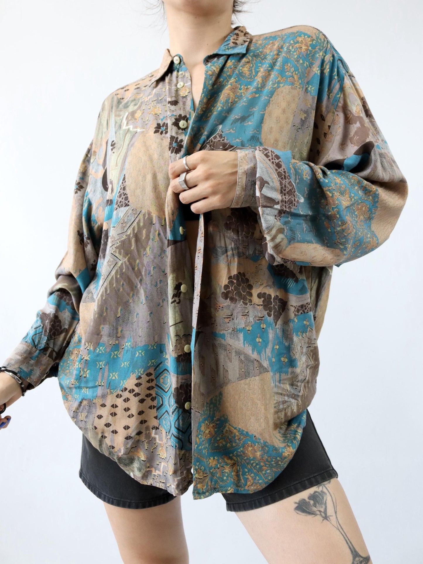 Vintage 80s 90s BALLOON blouse shirt long sleeve crazy pattern L
