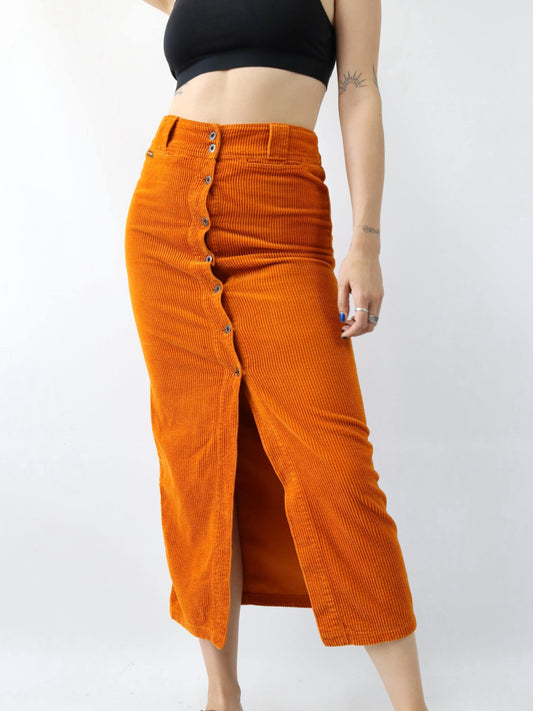 Vintage 80er 90er FREESOUL Cordrock Maxirock Minirock Knopfleiste orange S/M