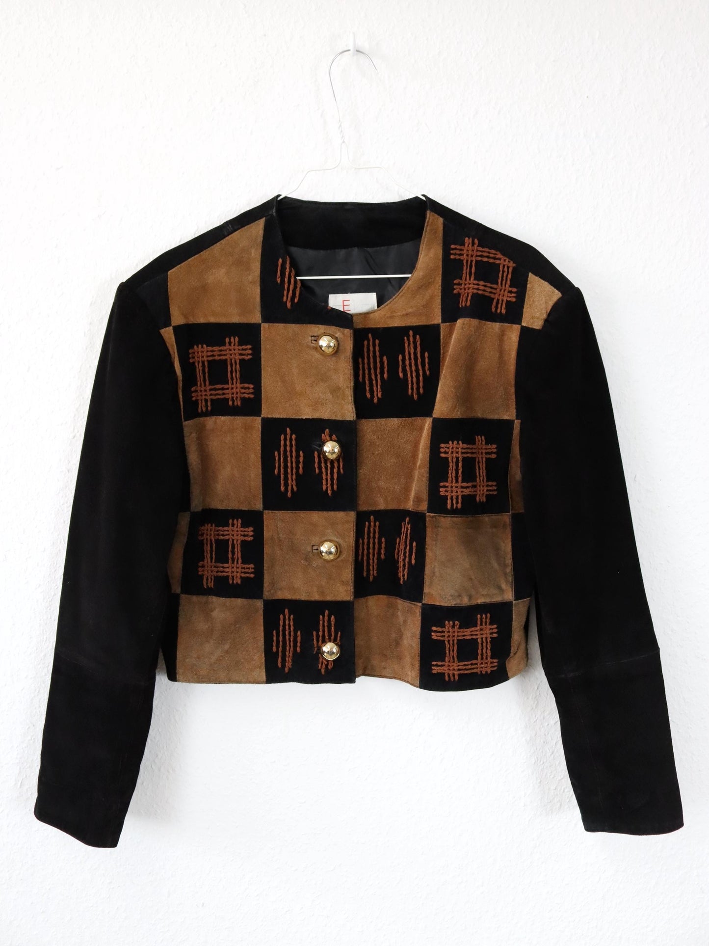 Vintage 80s 90s EURO MODE suede jacket leather embroidery brown black gold 38