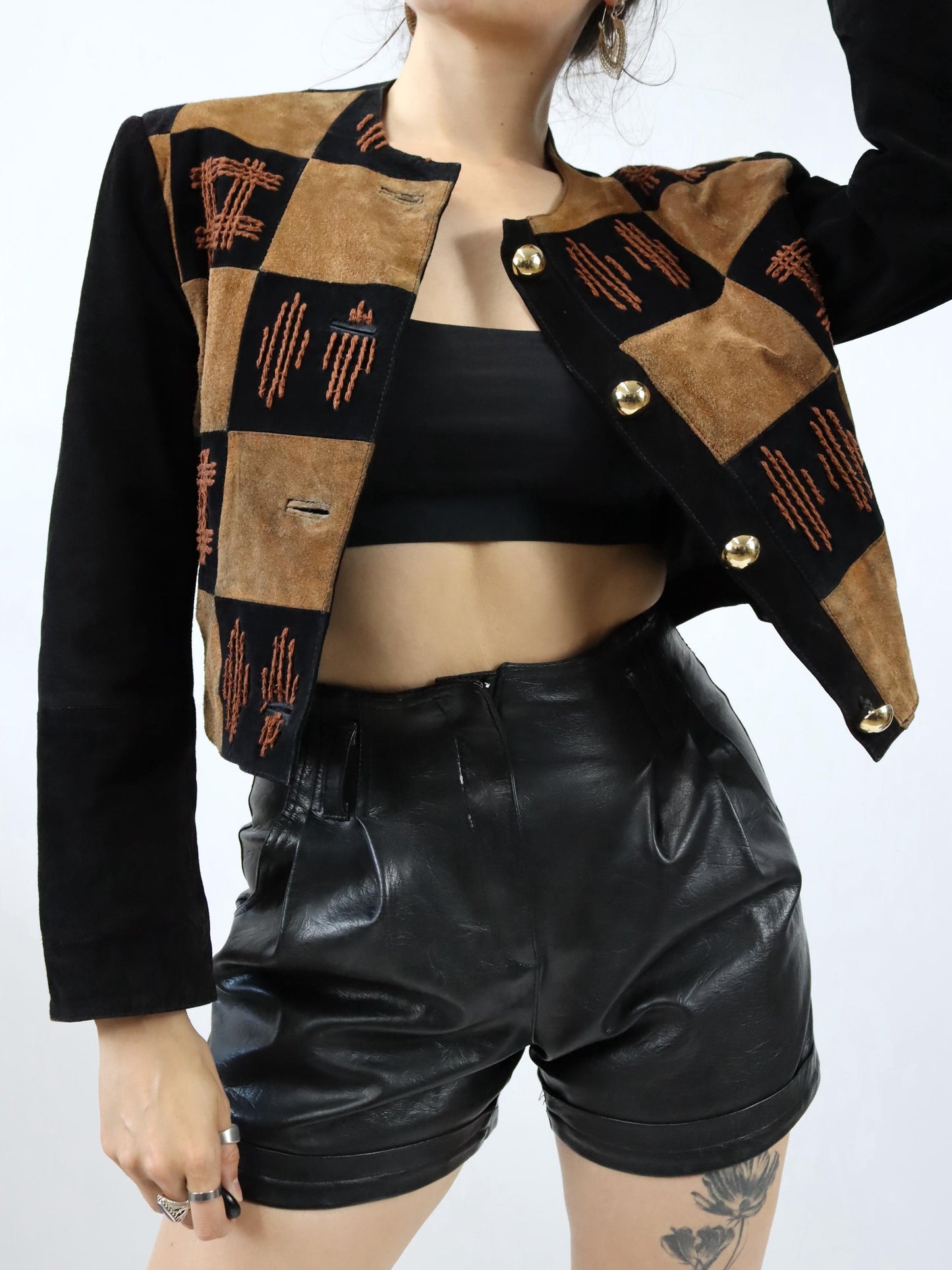 Vintage 80s 90s EURO MODE suede jacket leather embroidery brown black gold 38