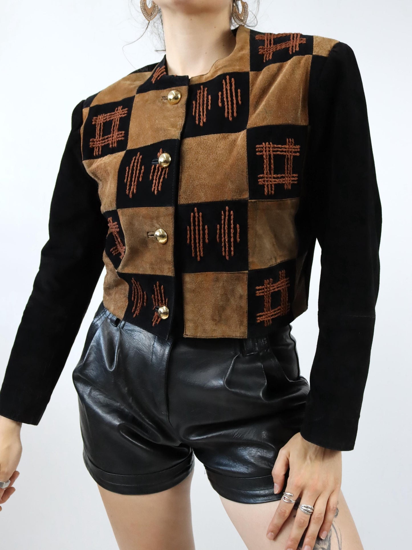 Vintage 80s 90s EURO MODE suede jacket leather embroidery brown black gold 38