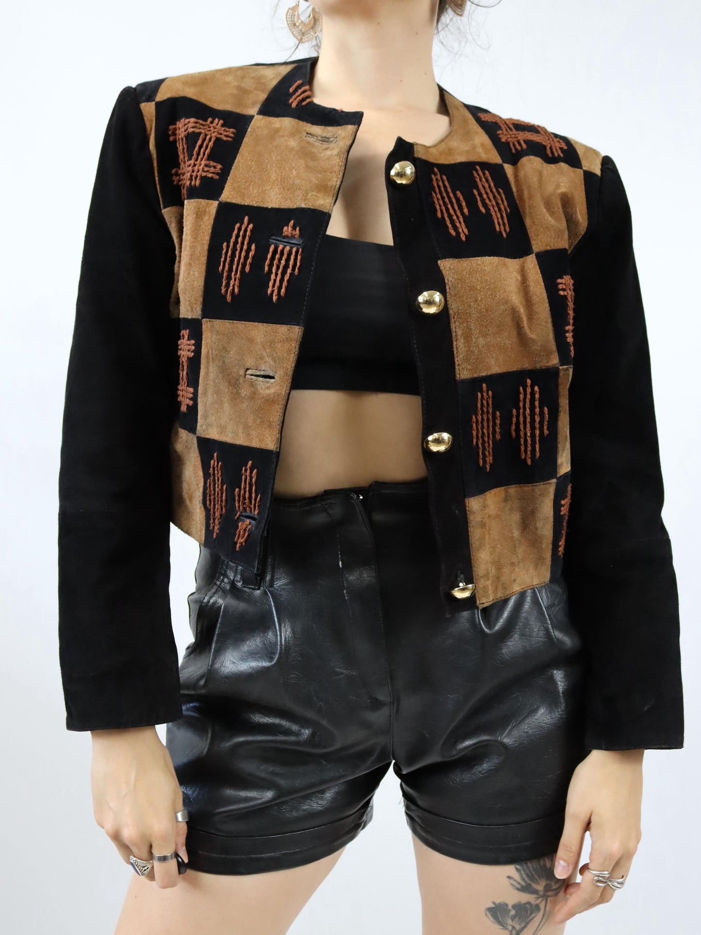 Vintage 80s 90s EURO MODE suede jacket leather embroidery brown black gold 38
