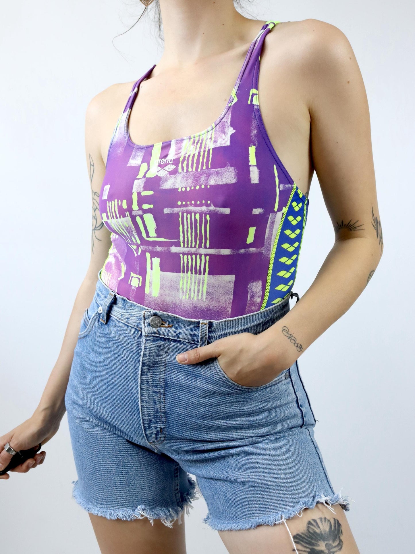 Vintage 80s 90s ARENA bodysuit swimsuit crazy pattern colorful 38