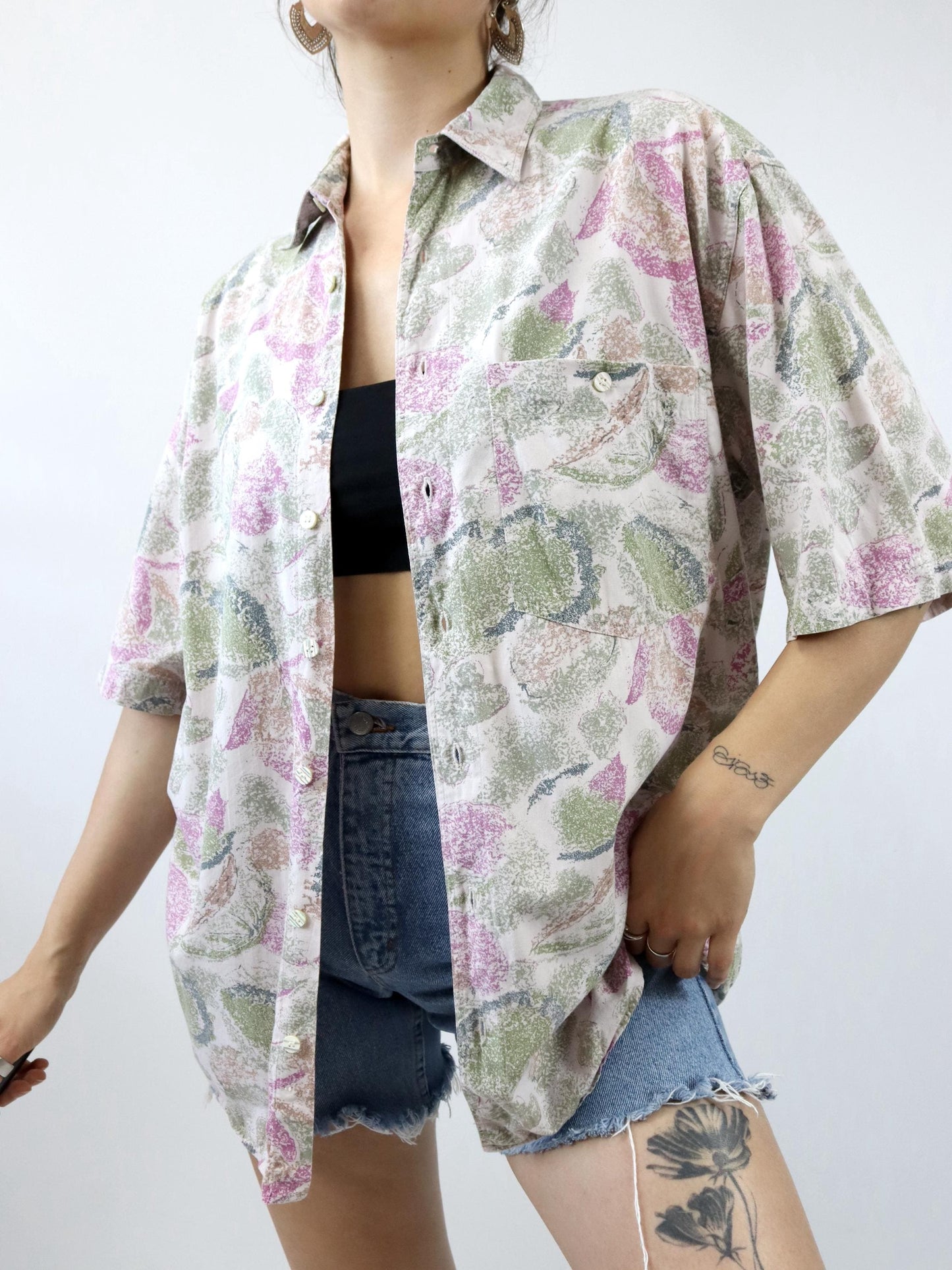 Vintage 80s 90s SCIROCCO shirt short sleeve crazy pattern pink green M