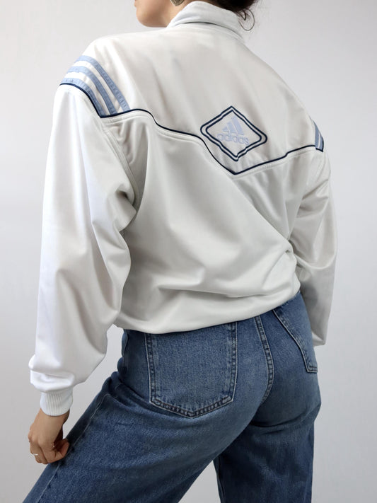 Vintage 80er 90er ADIDAS Trainingsjacke Jacke Stehkragen weiß blau S 36