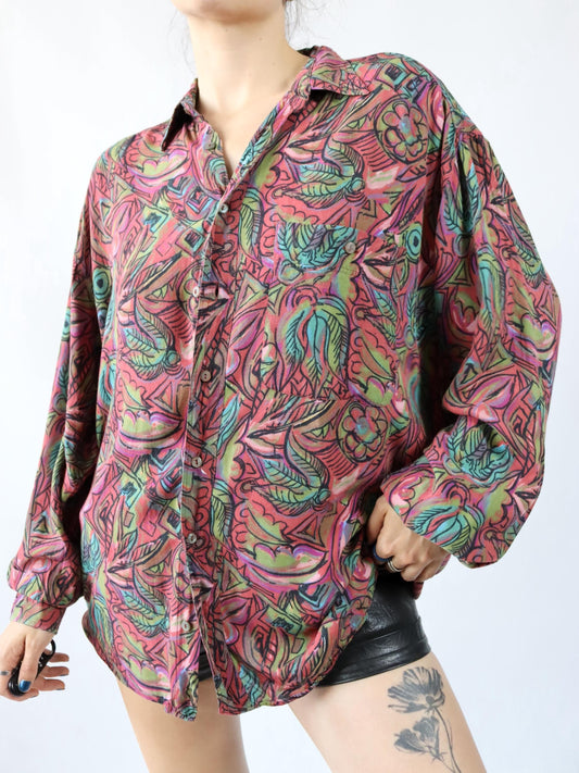 Vintage 80er 90er CAVORI Hemd langarm crazy pattern Viskose L