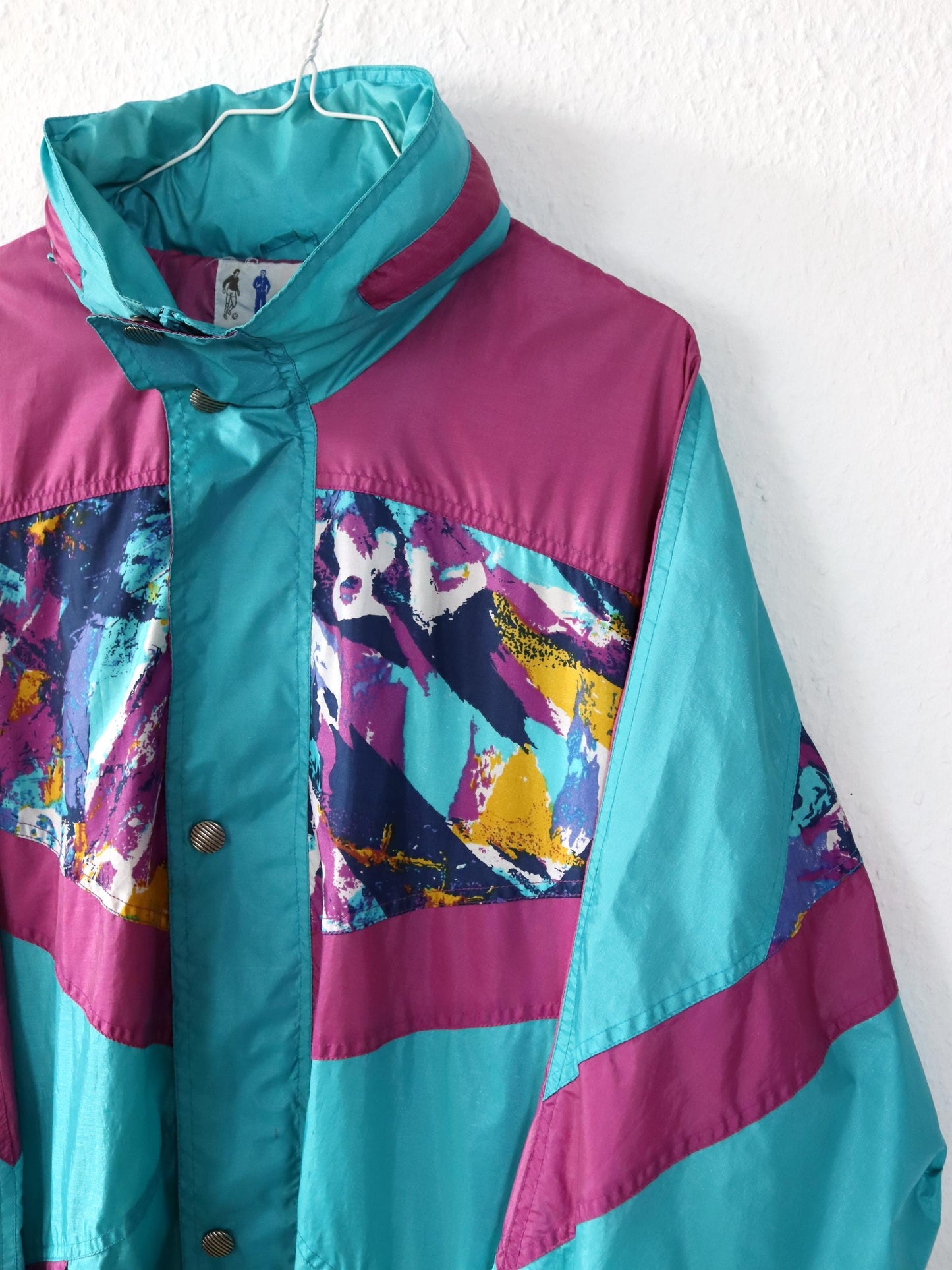Vintage 80s 90s CAMPAGNOLO windbreaker rain jacket crazy pattern pink turquoise L