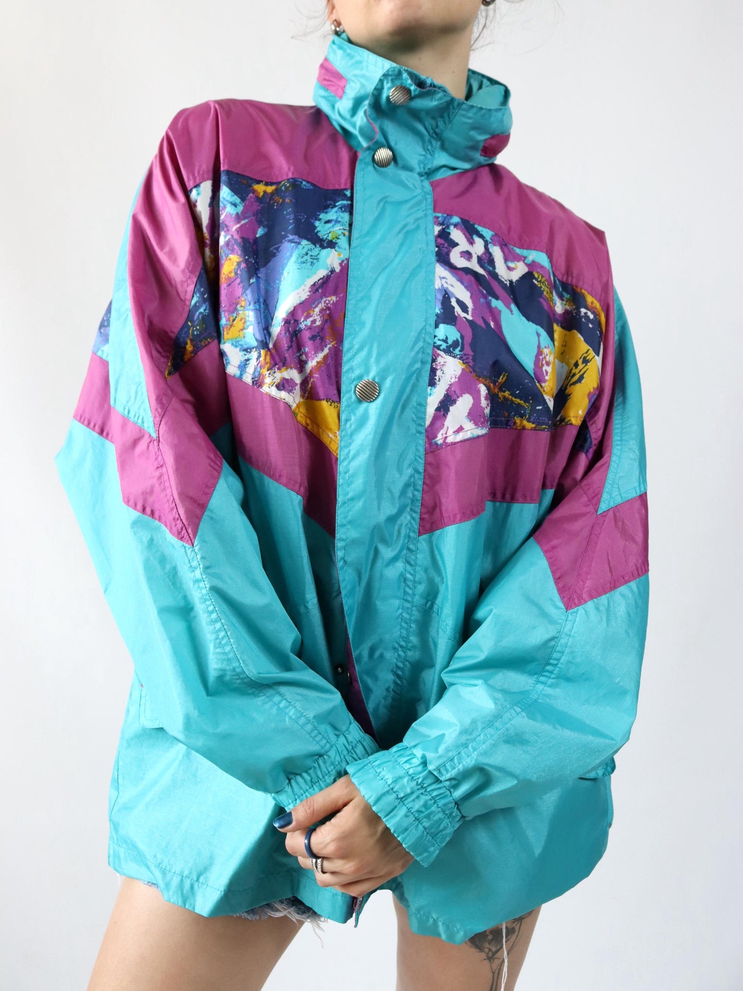 Vintage 80s 90s CAMPAGNOLO windbreaker rain jacket crazy pattern pink turquoise L