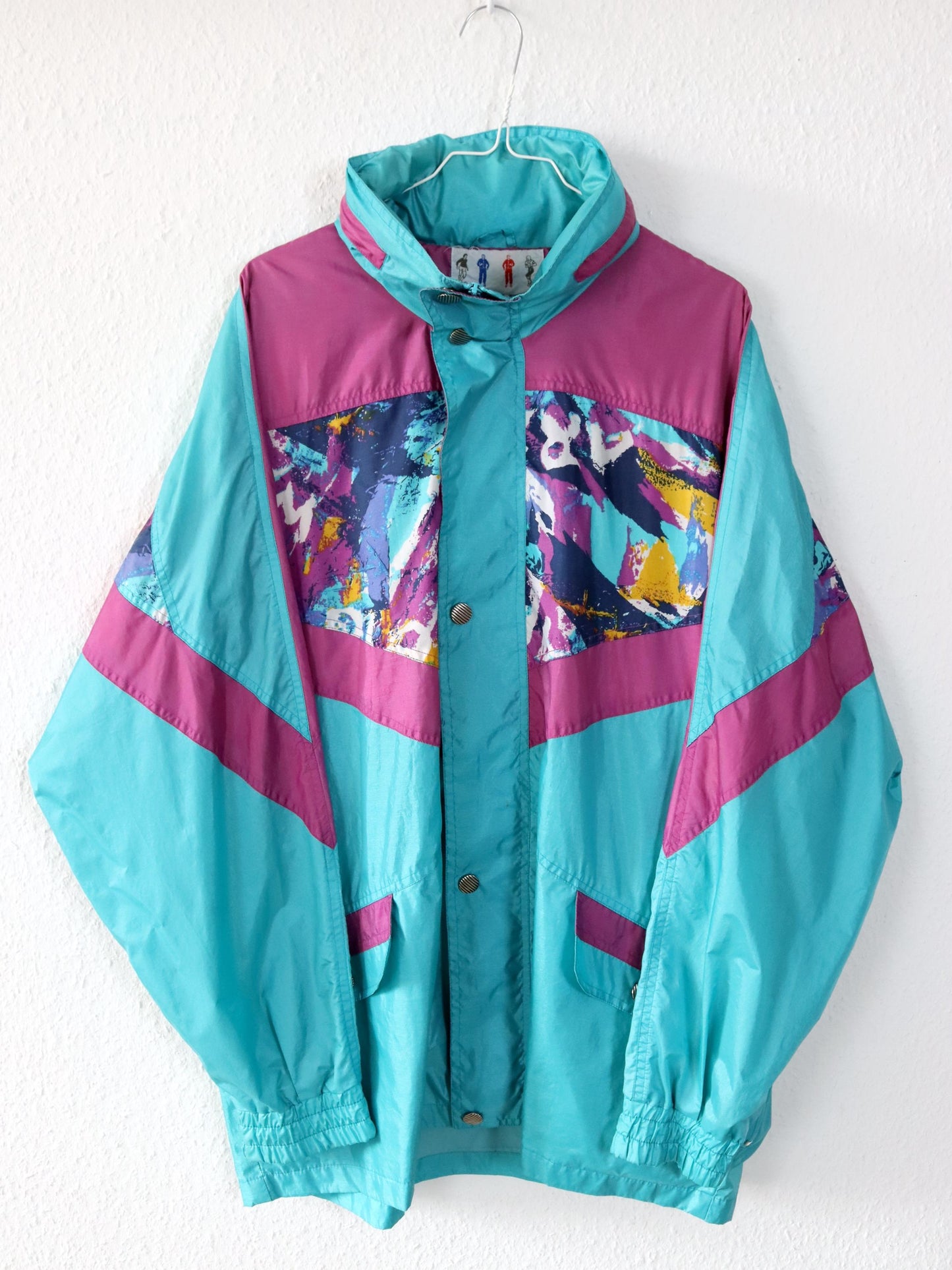 Vintage 80s 90s CAMPAGNOLO windbreaker rain jacket crazy pattern pink turquoise L