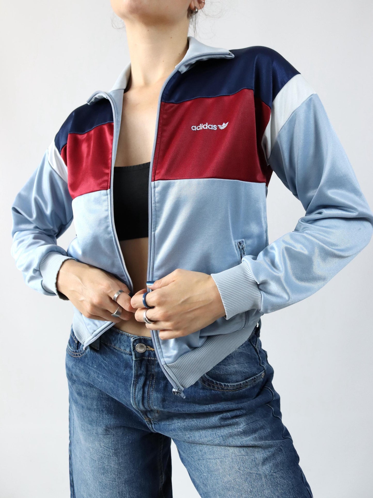 Vintage 80s 90s ADIDAS tracksuit jacket stand-up collar blue red Made in W.-Germany 40
