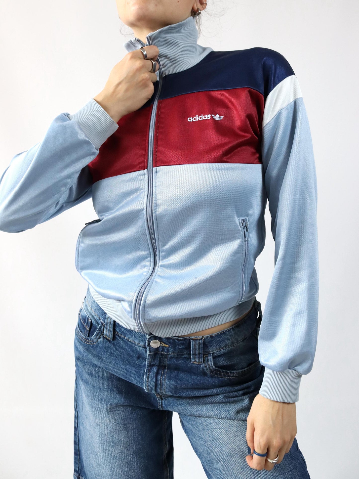 Vintage 80s 90s ADIDAS tracksuit jacket stand-up collar blue red Made in W.-Germany 40