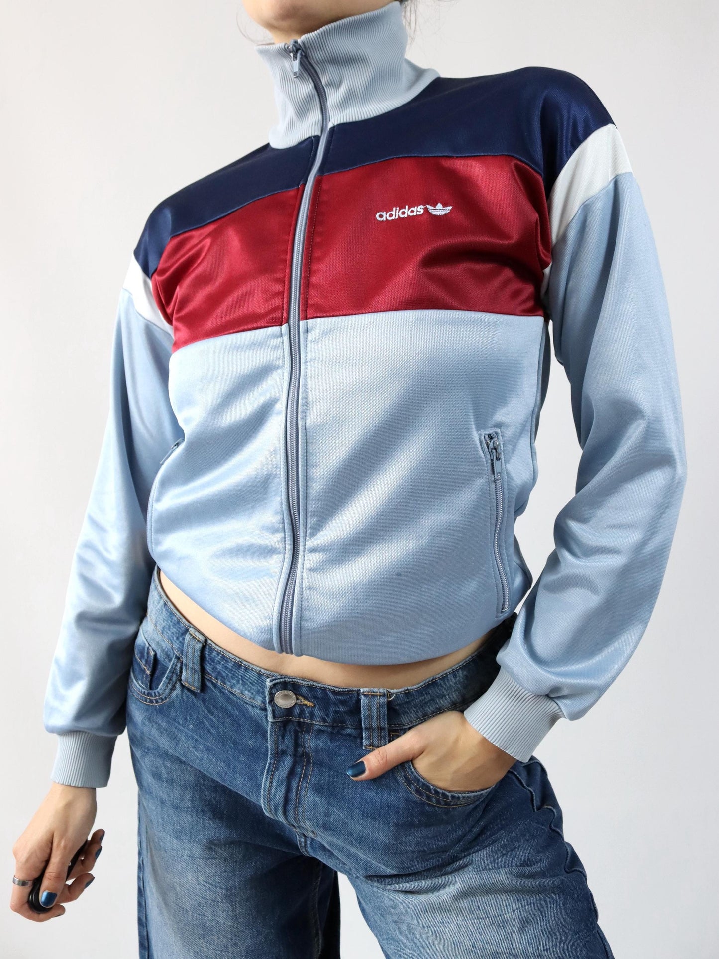 Vintage 80s 90s ADIDAS tracksuit jacket stand-up collar blue red Made in W.-Germany 40