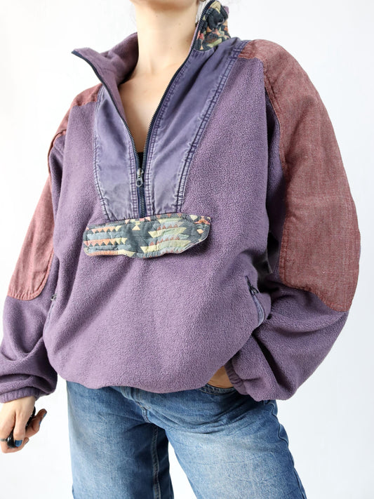 Vintage 80er 90er SALEWA Fleecepullover Stehkragen lila Muster XL