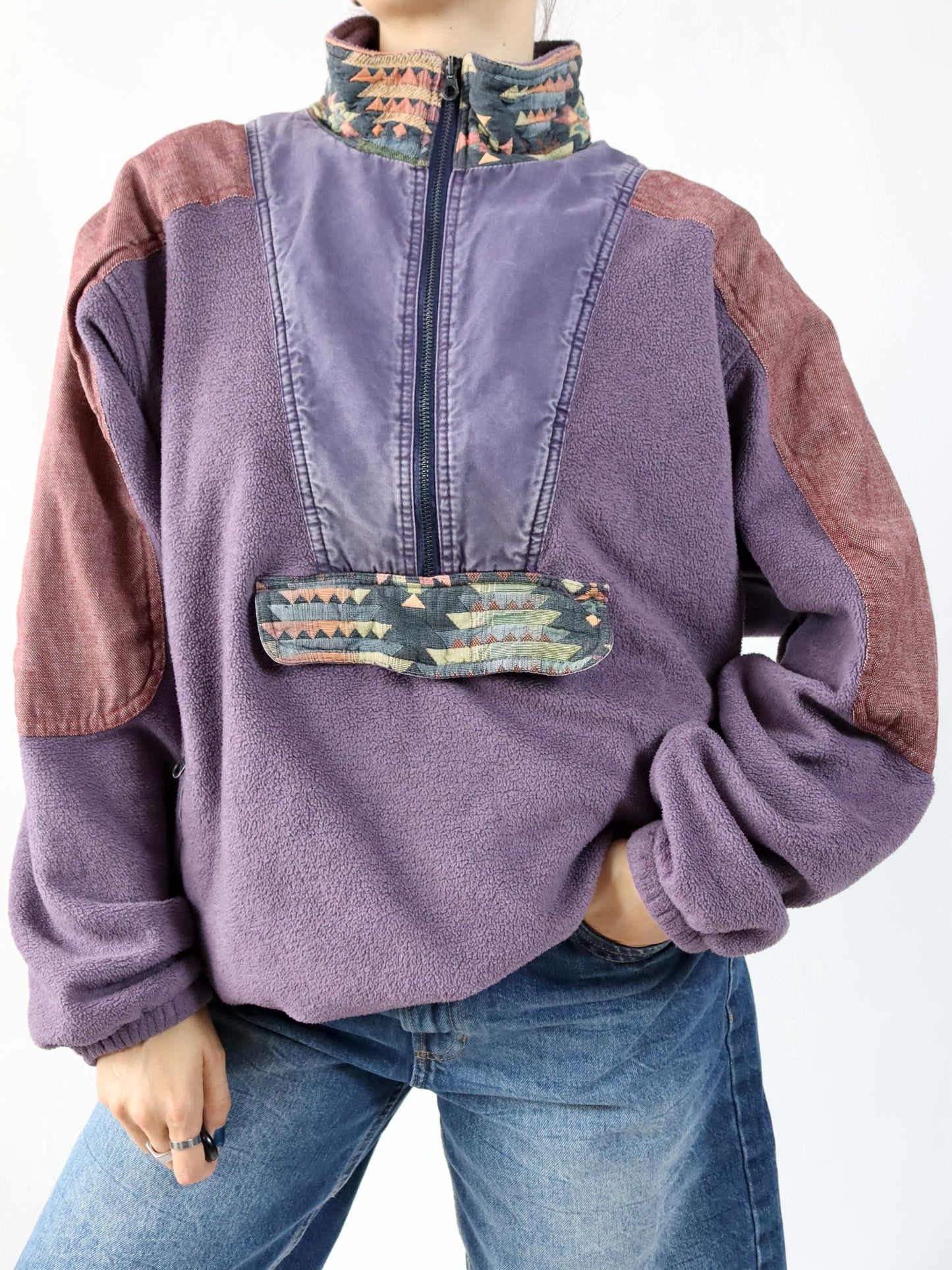 Vintage 80er 90er SALEWA Fleecepullover Stehkragen lila Muster XL