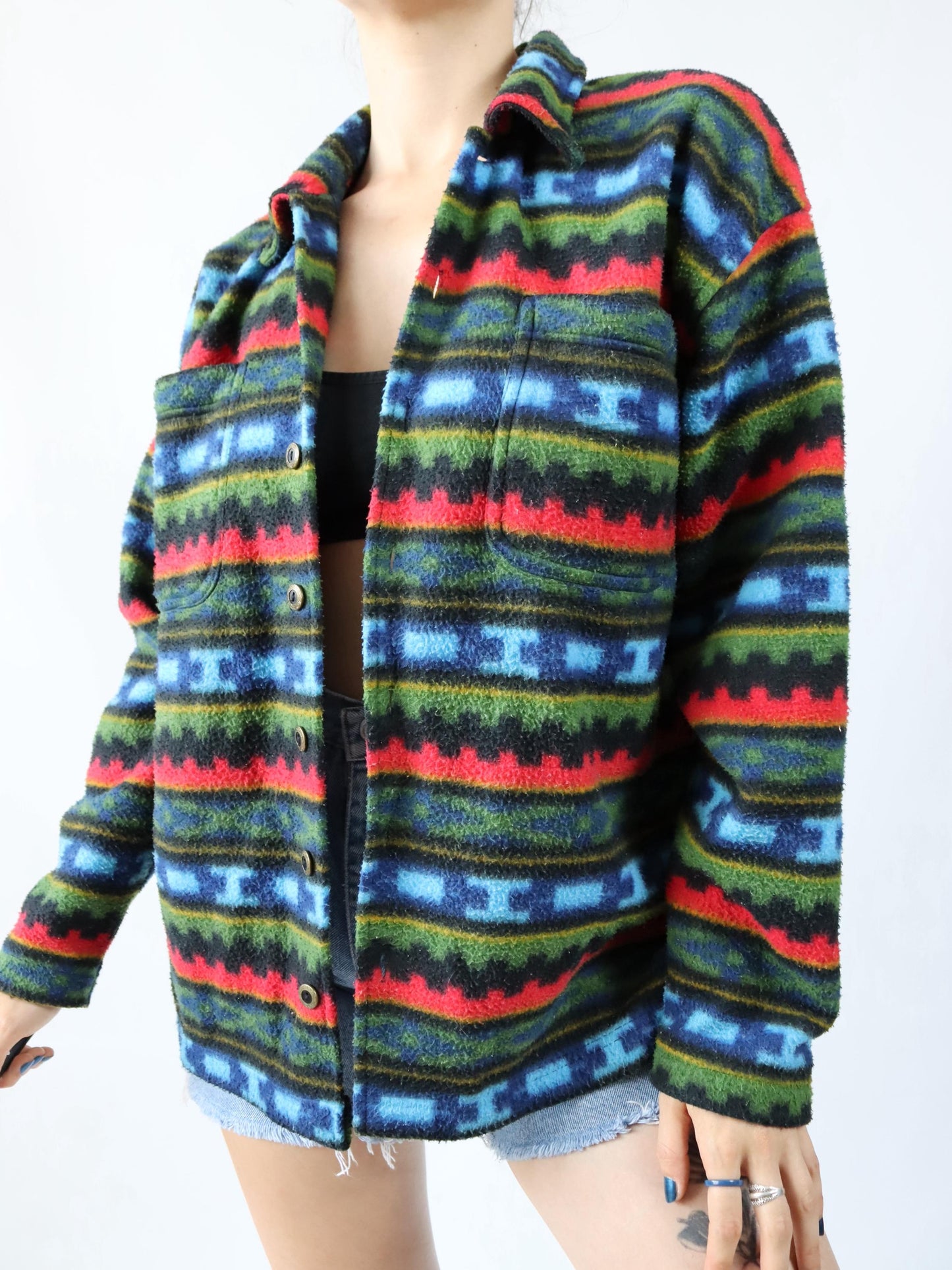 Vintage 80s 90s fleece shirt patterned colorful button placket M