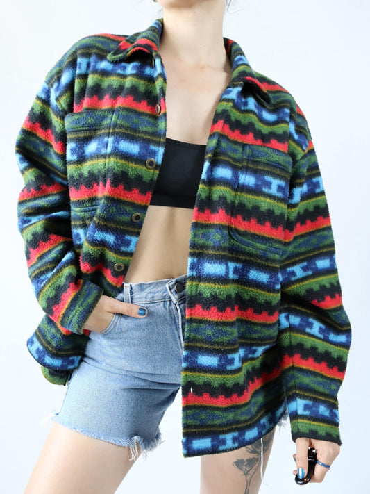 Vintage 80er 90er Fleecehemd Hemd gemustert bunt Knopfleiste M