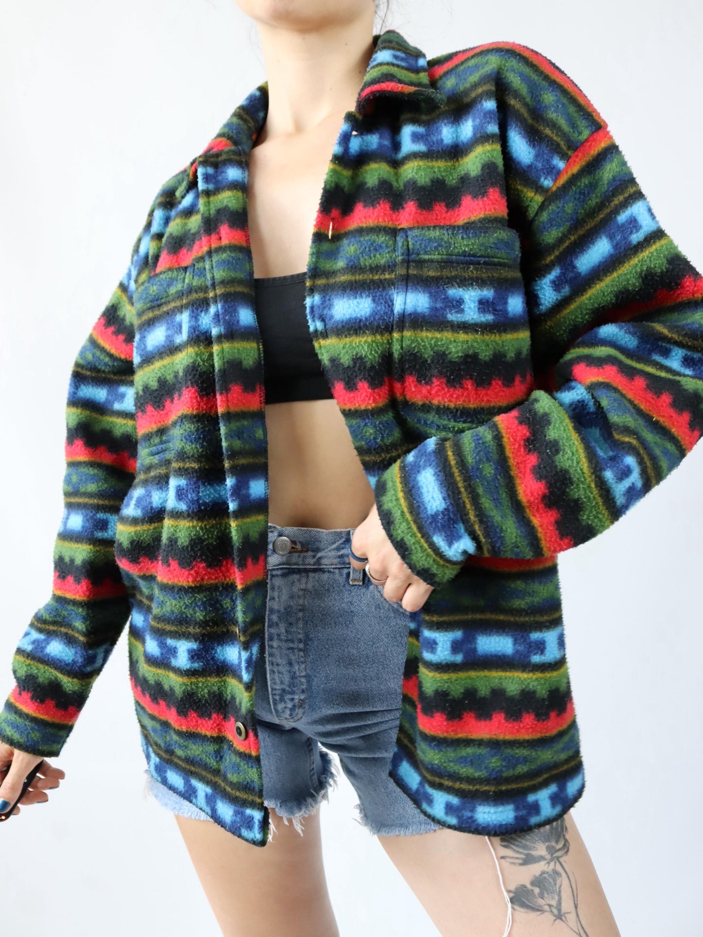 Vintage 80s 90s fleece shirt patterned colorful button placket M