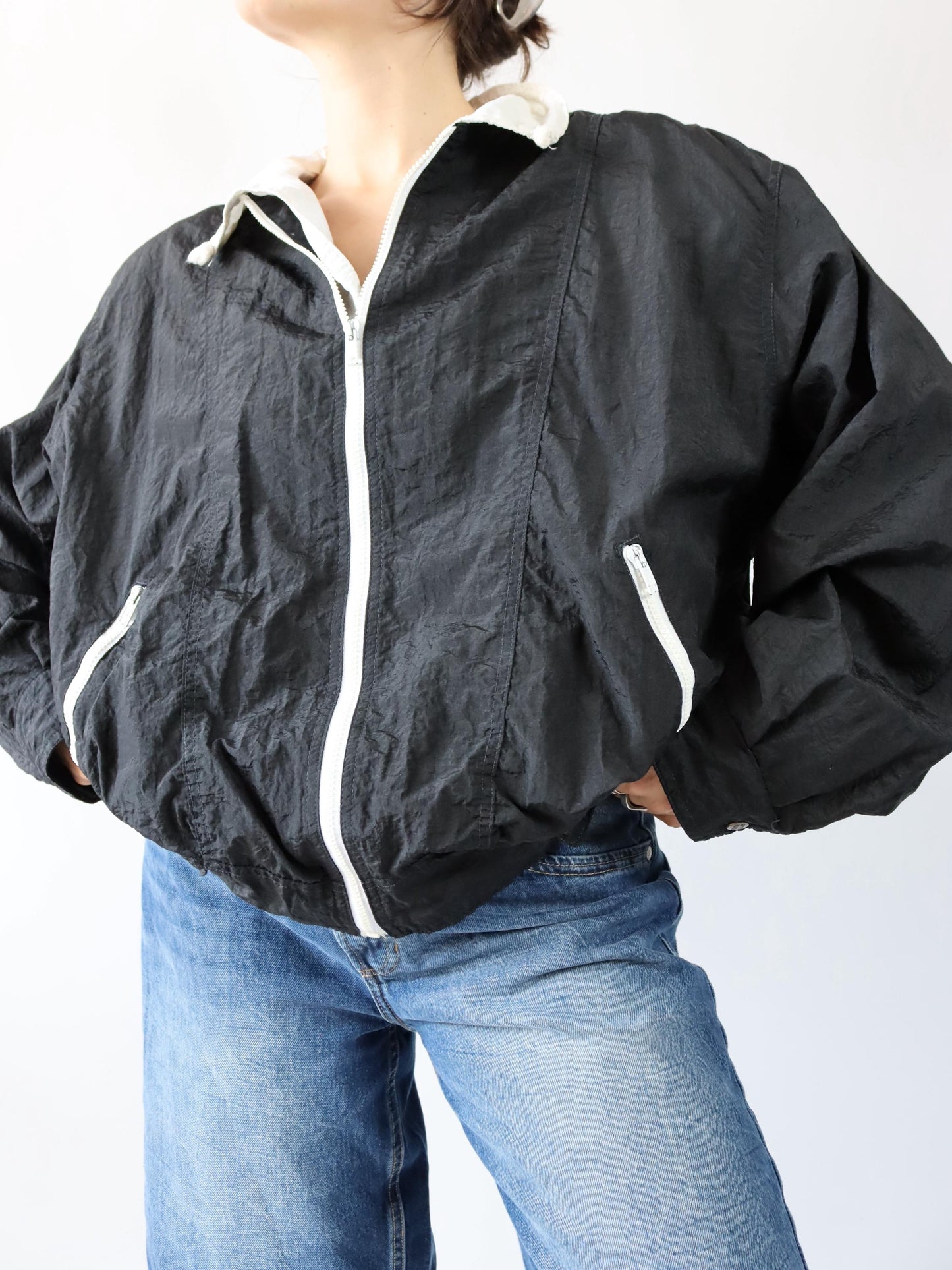 Vintage 80s 90s GLOBETROTTER jacket black white inside terry cloth shoulder pads XL