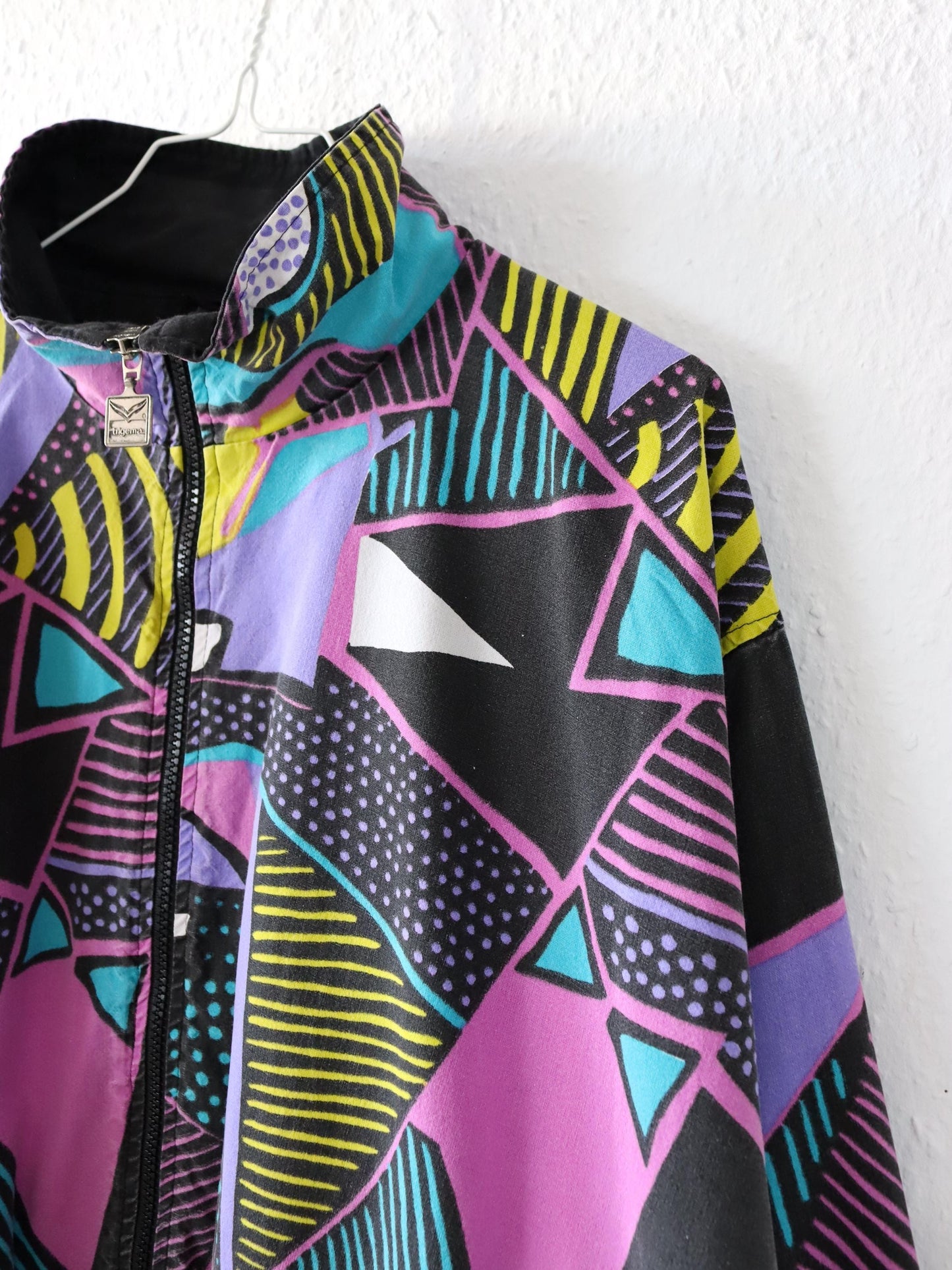 Vintage 80s 90s TRIGEMA tracksuit jacket stand-up collar crazy pattern colorful black XL