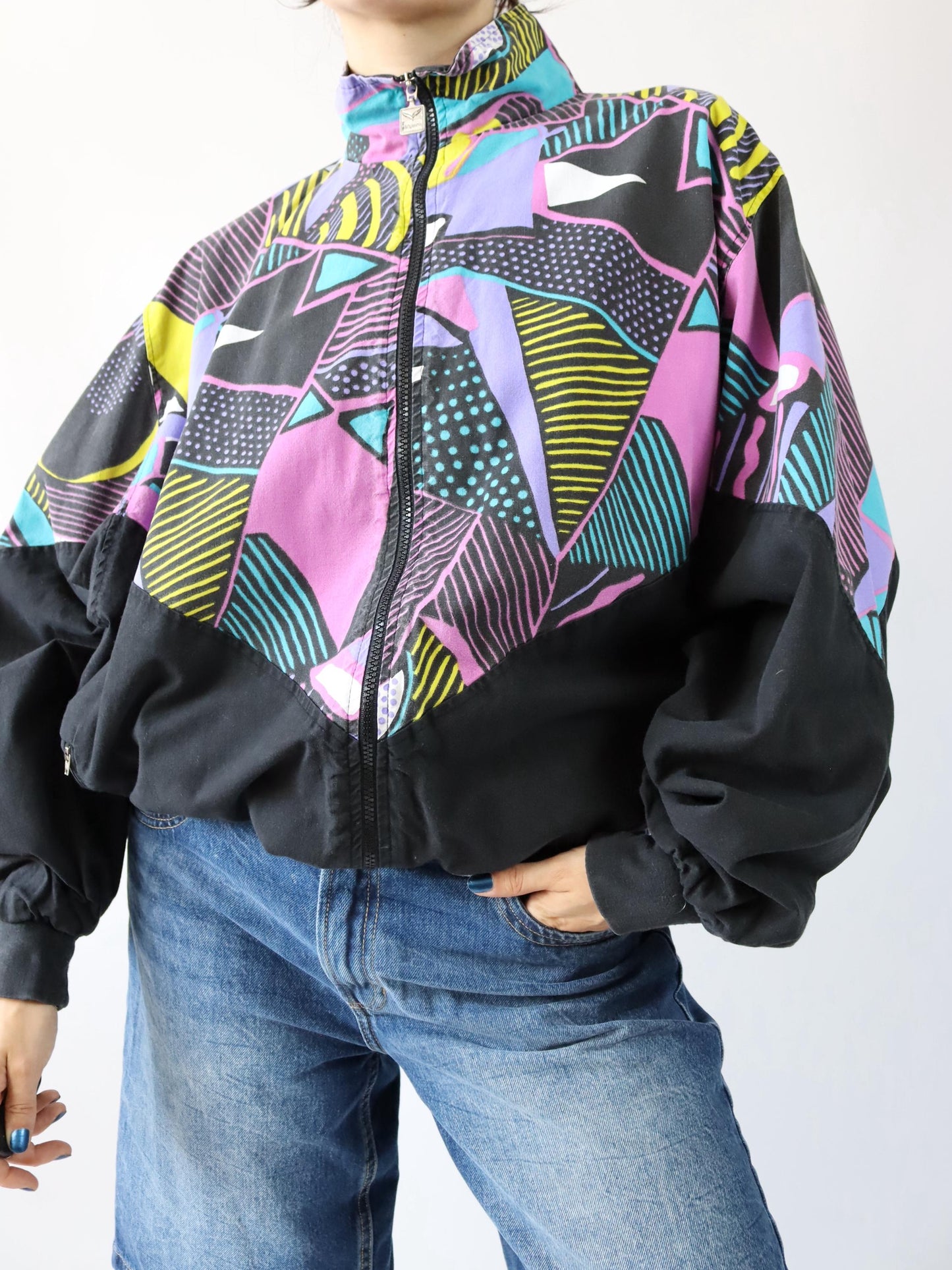 Vintage 80s 90s TRIGEMA tracksuit jacket stand-up collar crazy pattern colorful black XL