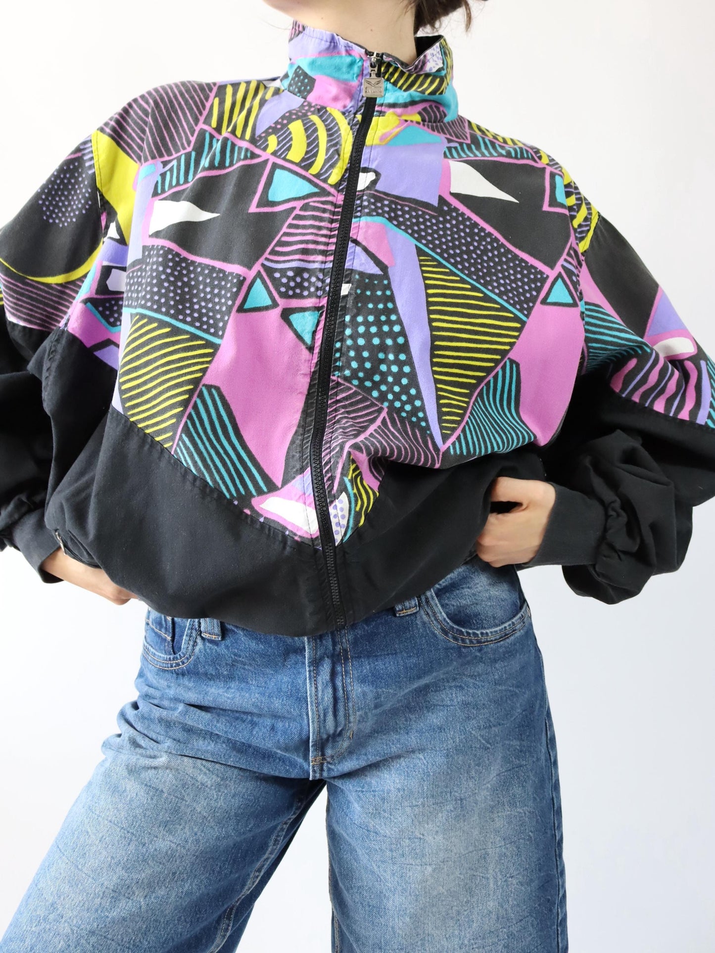 Vintage 80s 90s TRIGEMA tracksuit jacket stand-up collar crazy pattern colorful black XL