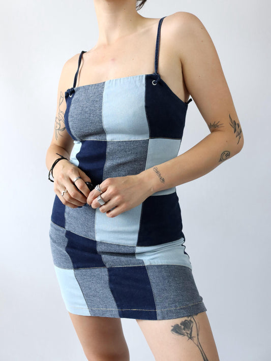 Vintage 80er 90er Jeanskleid Minikleid Denim Patches 36