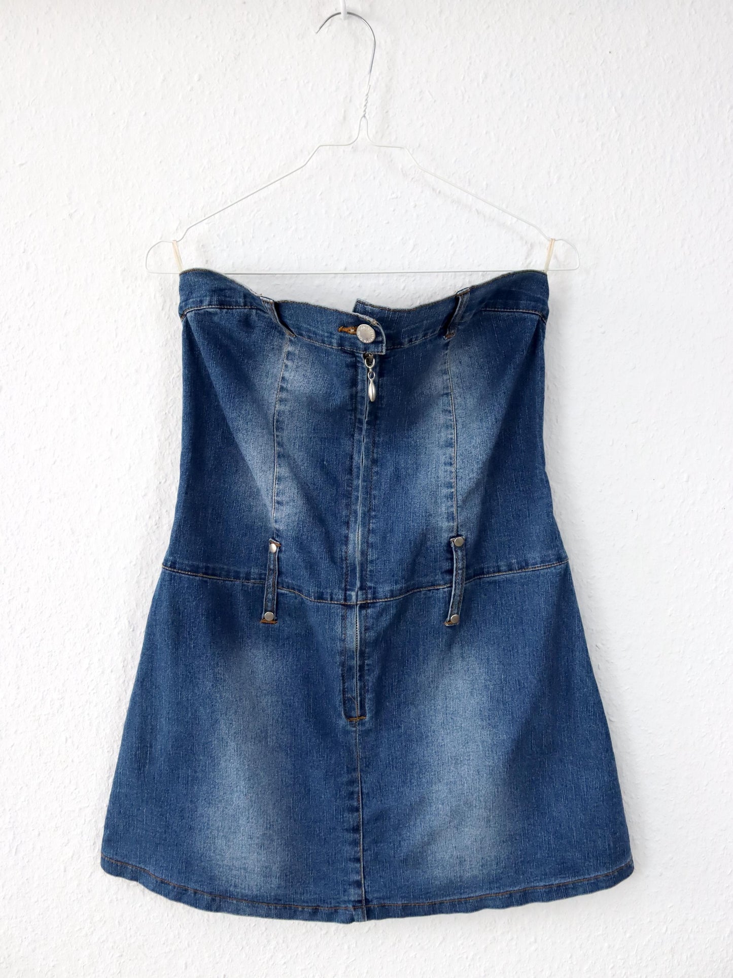 Vintage 90er 00er Y2K FISHBONE Jeanskleid Minikleid Denim Reißverschluss Schulterfrei S