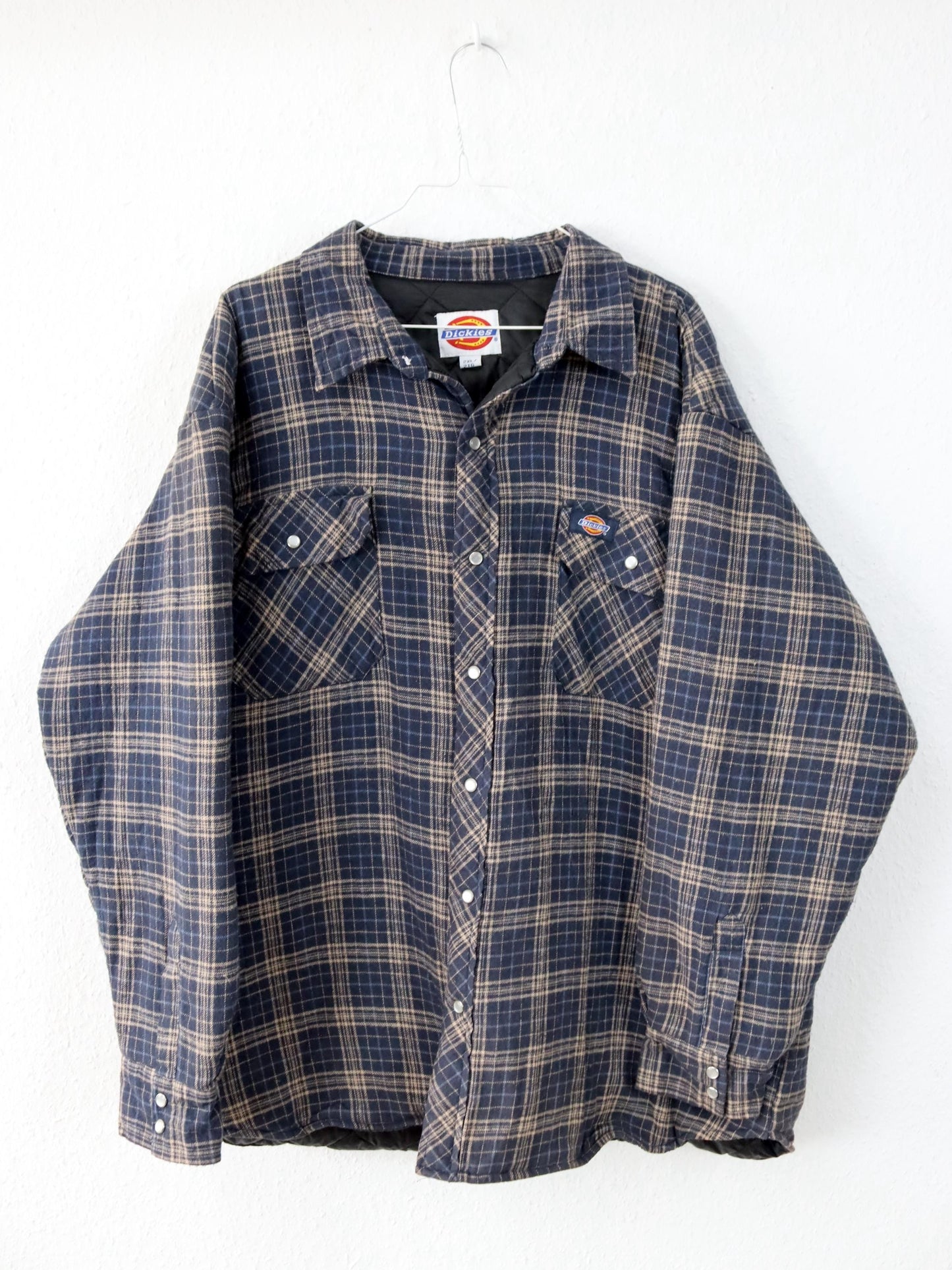 Vintage 90s 00s Y2K DICKIES flannel shirt jacket checked lightly lined blue beige 2XL