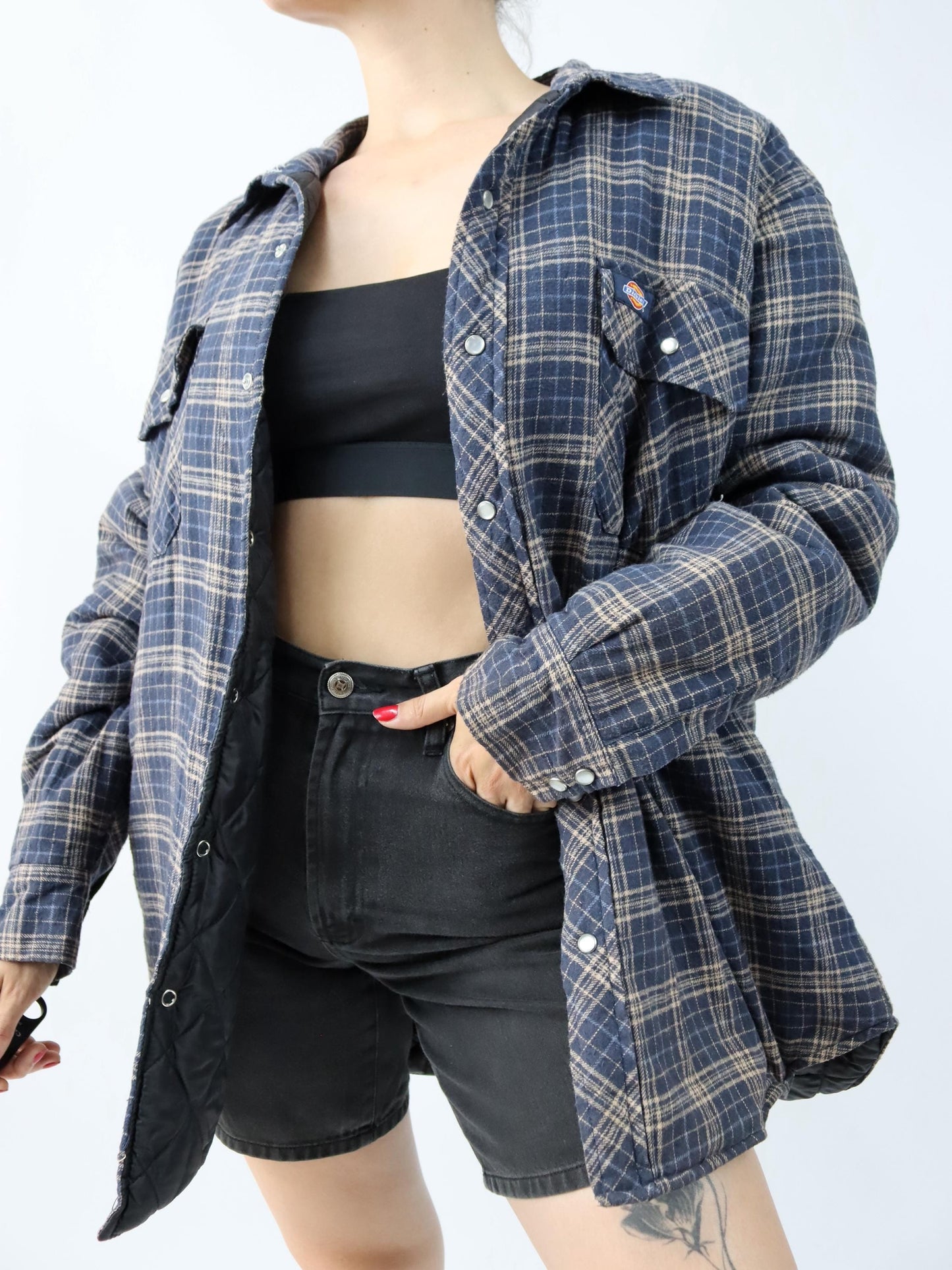 Vintage 90s 00s Y2K DICKIES flannel shirt jacket checked lightly lined blue beige 2XL