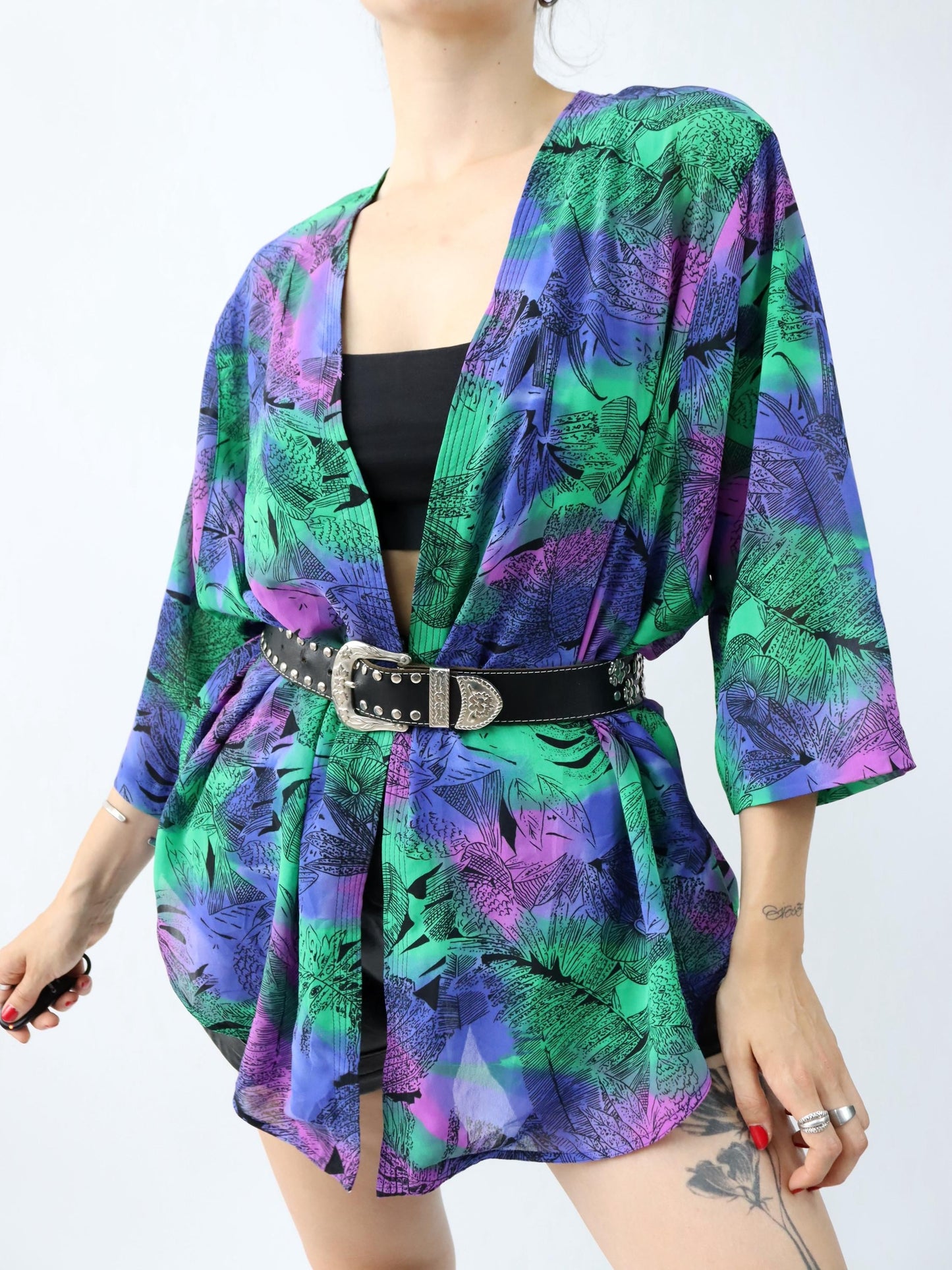 Vintage 80s 90s kimono blouse jacket crazy pattern purple green M