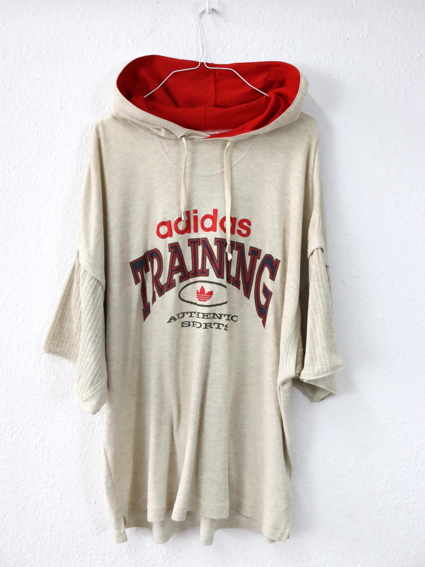Vintage 80s 90s ADIDAS TRAINING T-Shirt short sleeve thick fabric beige print hood L