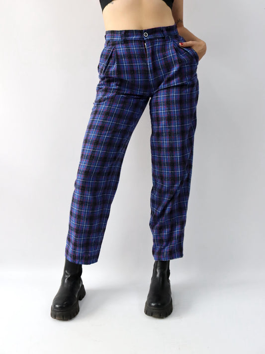 Vintage 80er 90er COMIC Wollhose Bundfaltenhose kariert blau schwarz rot W31