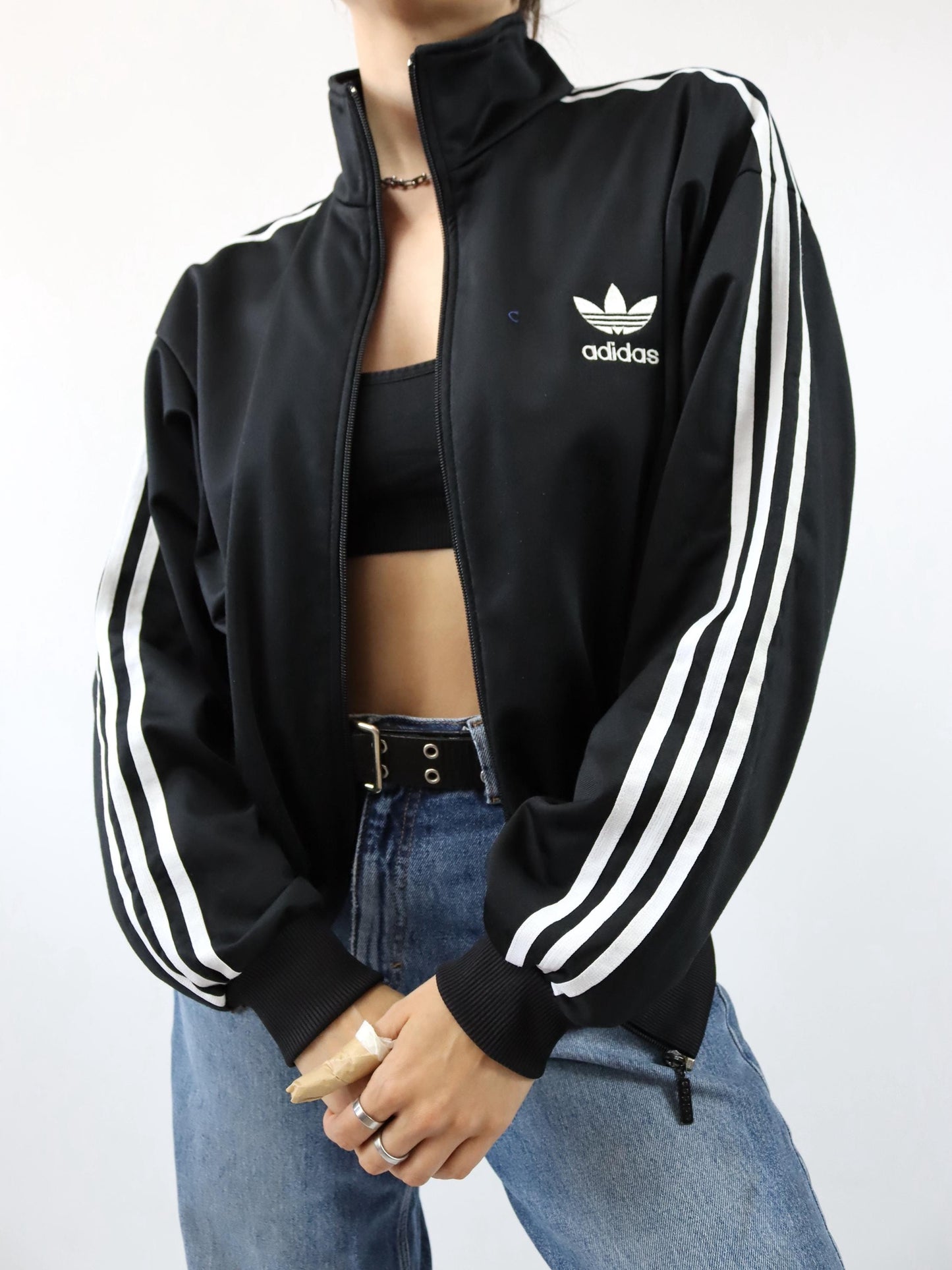 Vintage 80s 90s ADIDAS Firebird tracksuit jacket black white D6 M