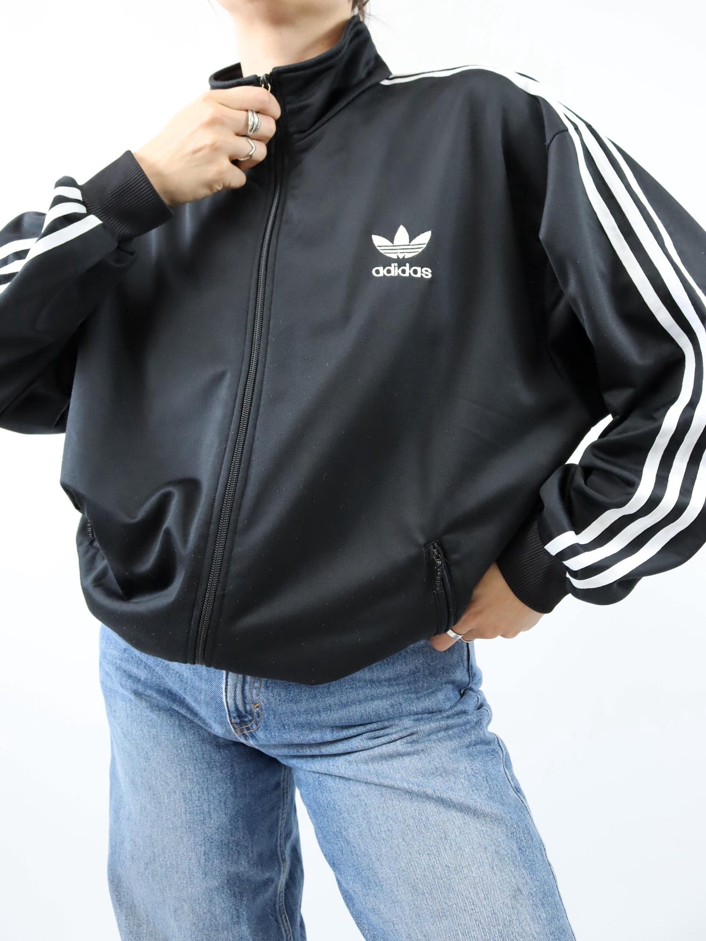 Vintage 80s 90s ADIDAS Firebird tracksuit jacket black white D6 M