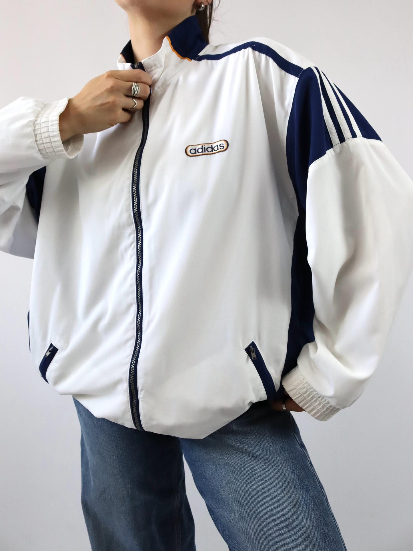 Vintage 80s 90s ADIDAS tracksuit jacket stand-up collar white blue yellow 44