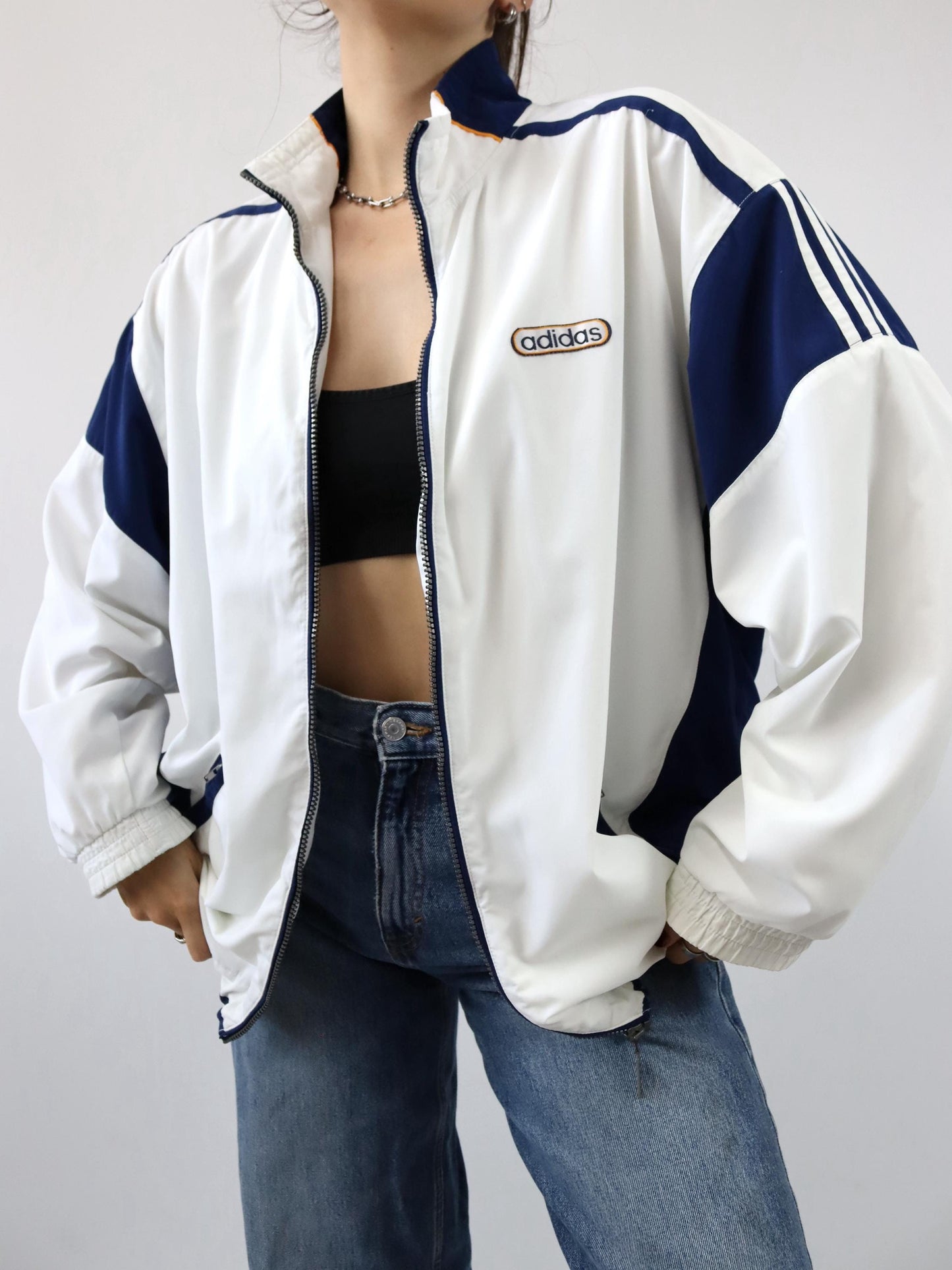 Vintage 80s 90s ADIDAS tracksuit jacket stand-up collar white blue yellow 44