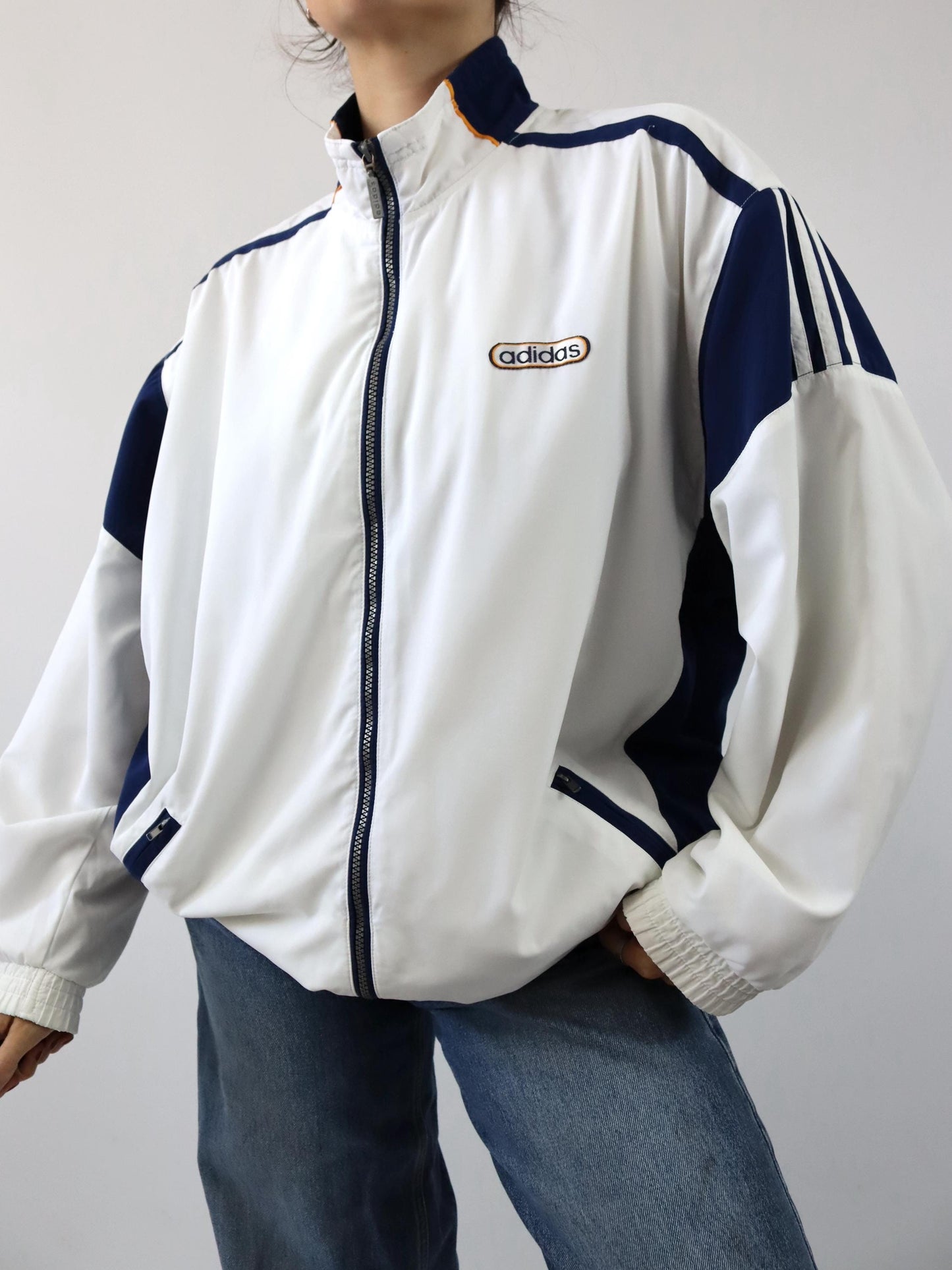 Vintage 80s 90s ADIDAS tracksuit jacket stand-up collar white blue yellow 44