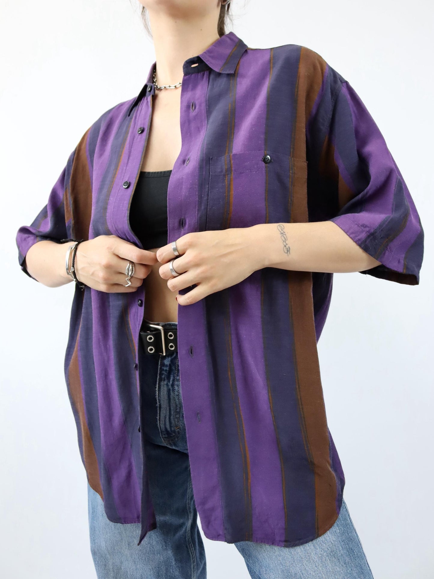 Vintage 80s 90s BERTONE shirt short sleeve striped purple Made in W.-Germany M