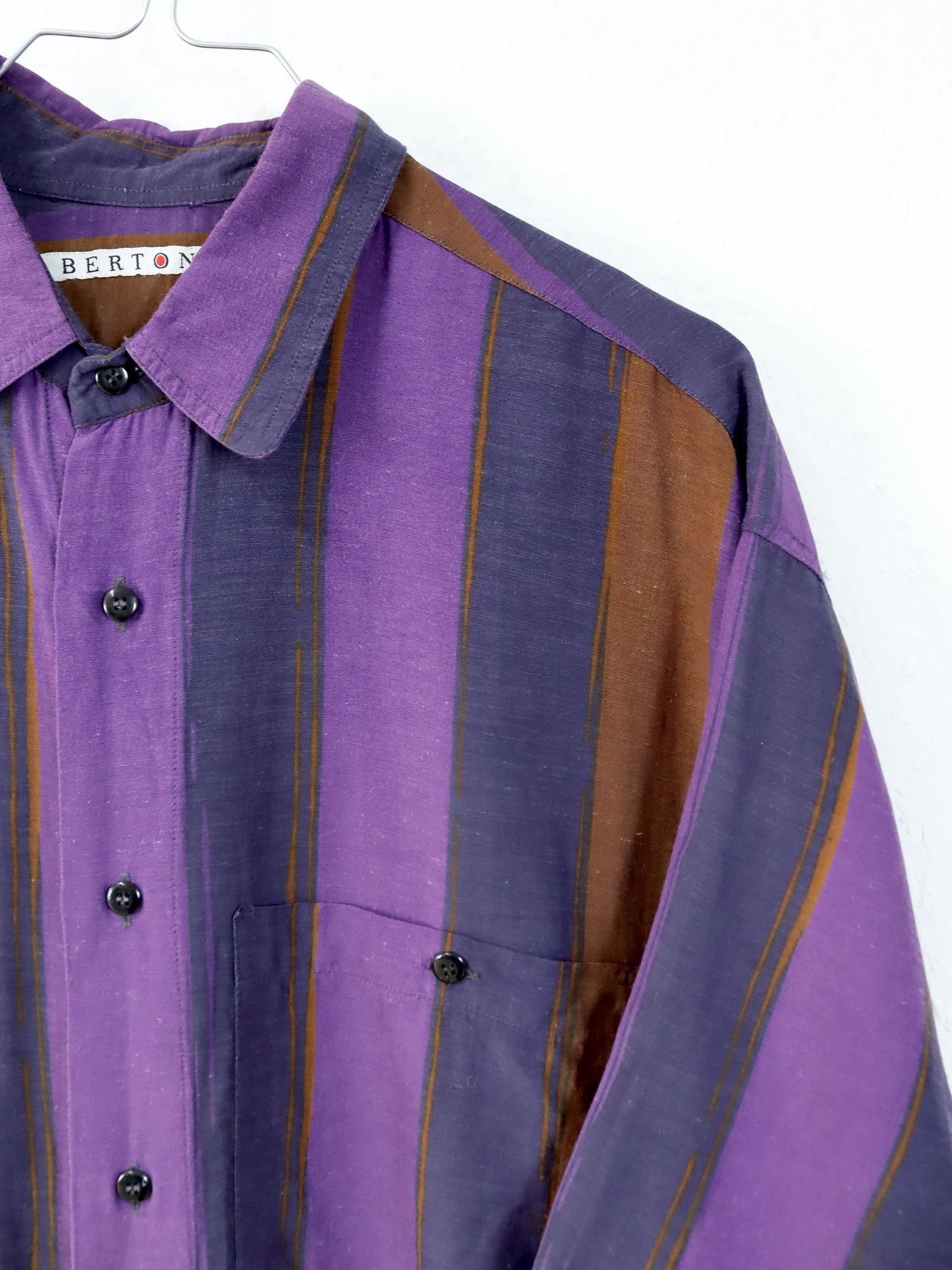 Vintage 80s 90s BERTONE shirt short sleeve striped purple Made in W.-Germany M