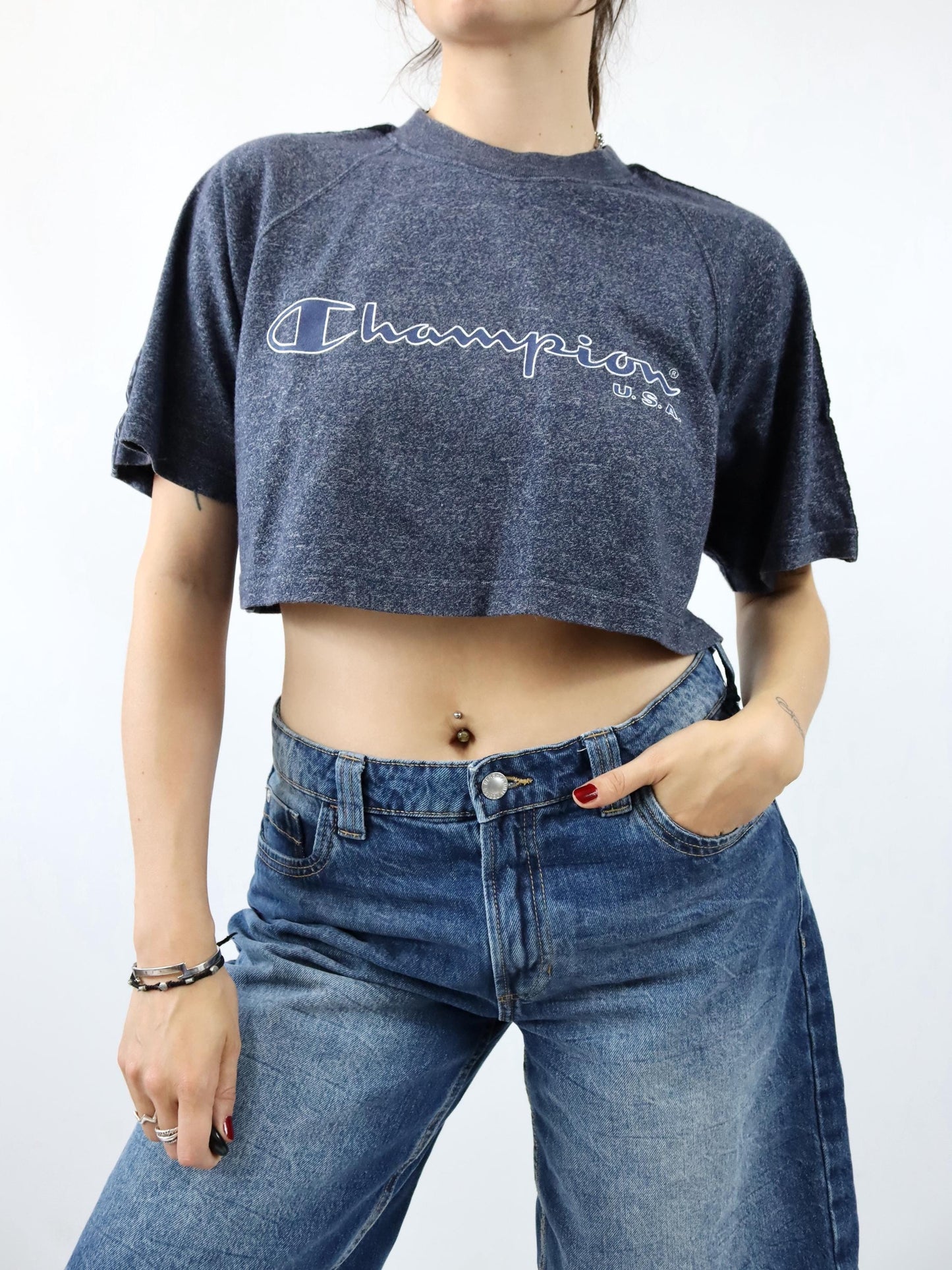 Vintage 80s 90s CHAMPION T-Shirt Crop short sleeve mottled blue M