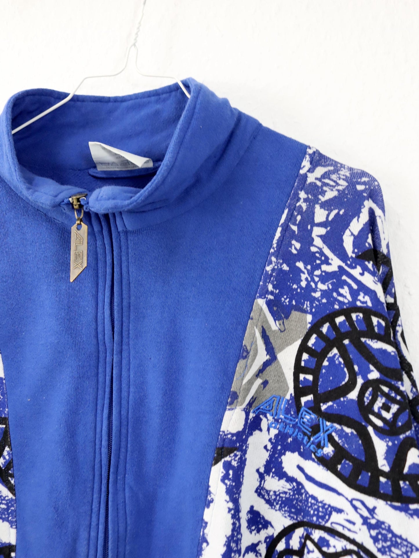 Vintage 80s 90s ALEX ATHLETICS sweatshirt pullover crazy pattern blue white 54 XL