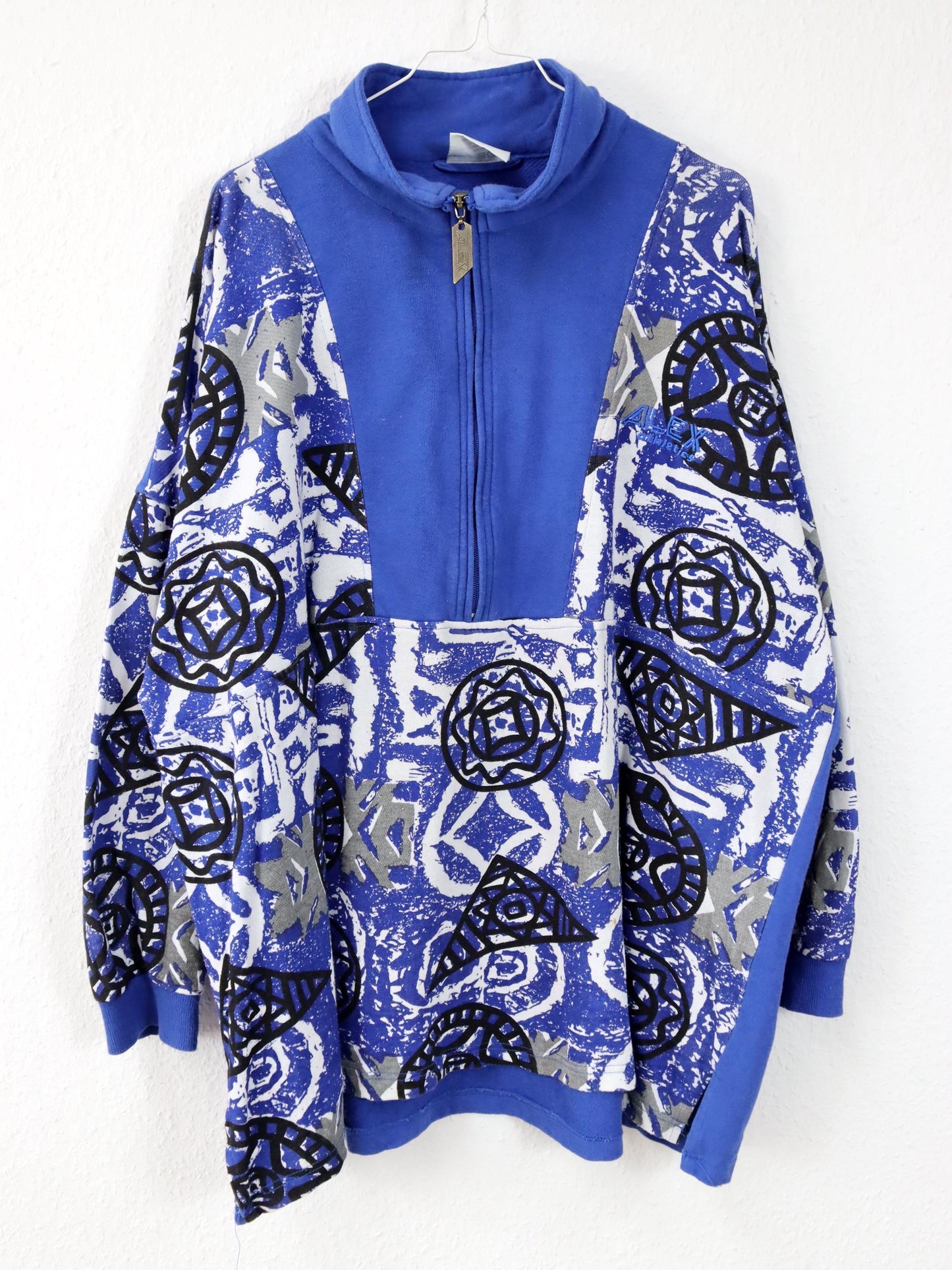 Vintage 80s 90s ALEX ATHLETICS sweatshirt pullover crazy pattern blue white 54 XL