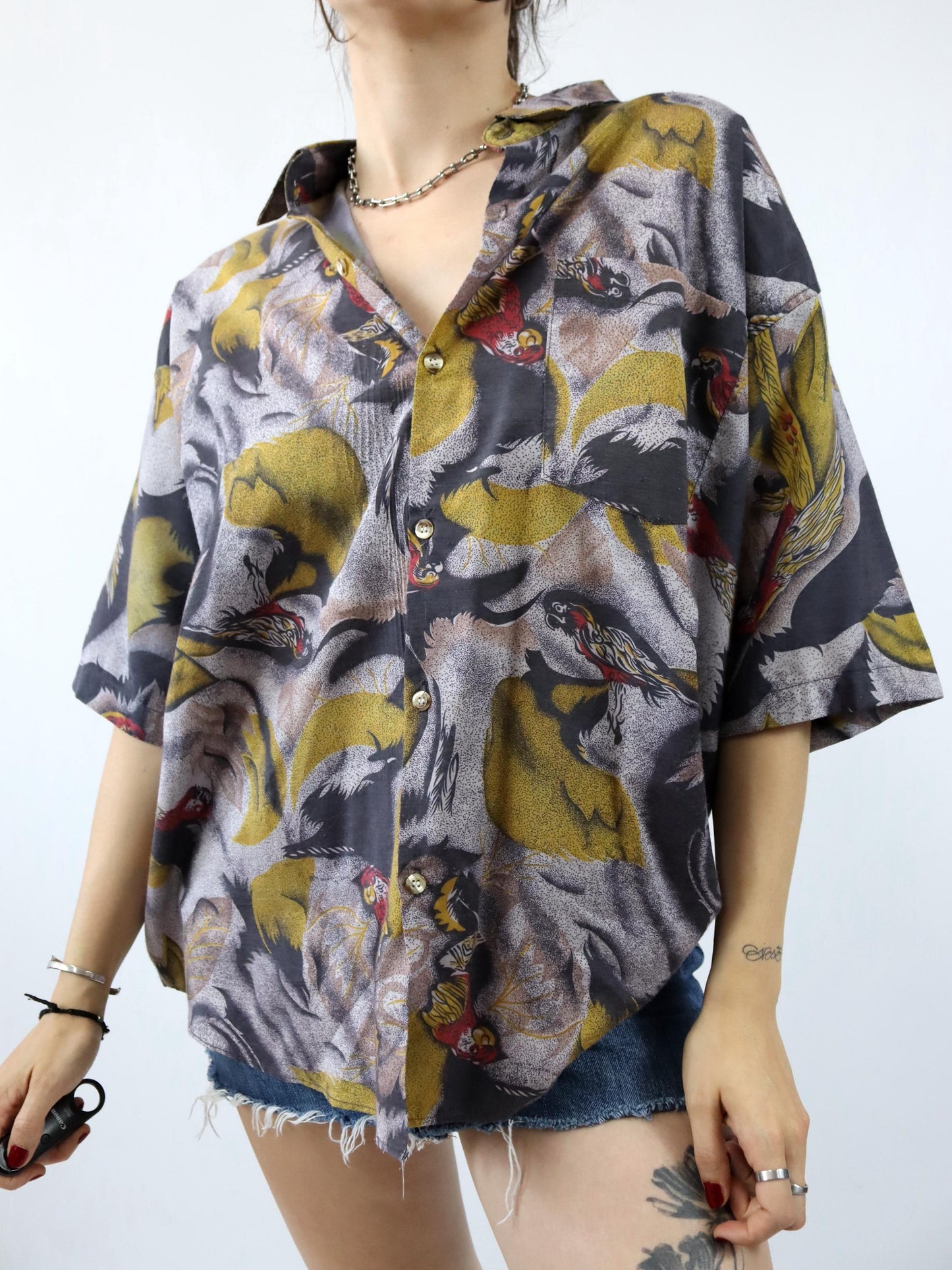 Vintage 80s 90s THAI SILK shirt short sleeve crazy pattern XL