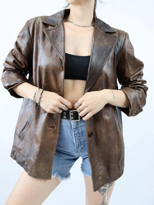 Vintage 80er 90er ANNIVERSARY Lederjacke Blazer braun Knopfleiste XXL