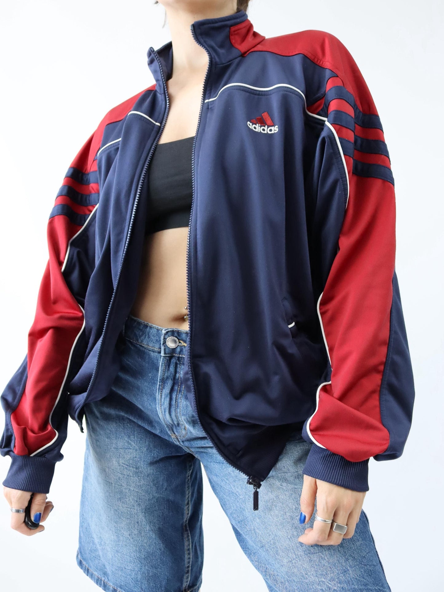 Vintage 80s 90s ADIDAS tracksuit jacket stand-up collar dark blue red D8 L