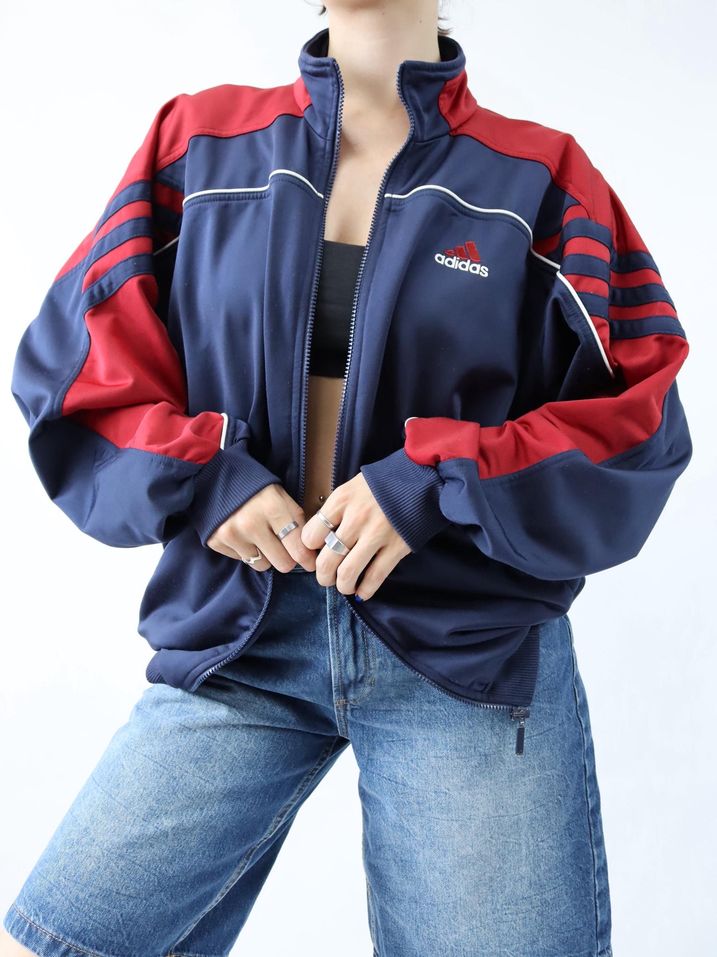 Vintage 80s 90s ADIDAS tracksuit jacket stand-up collar dark blue red D8 L
