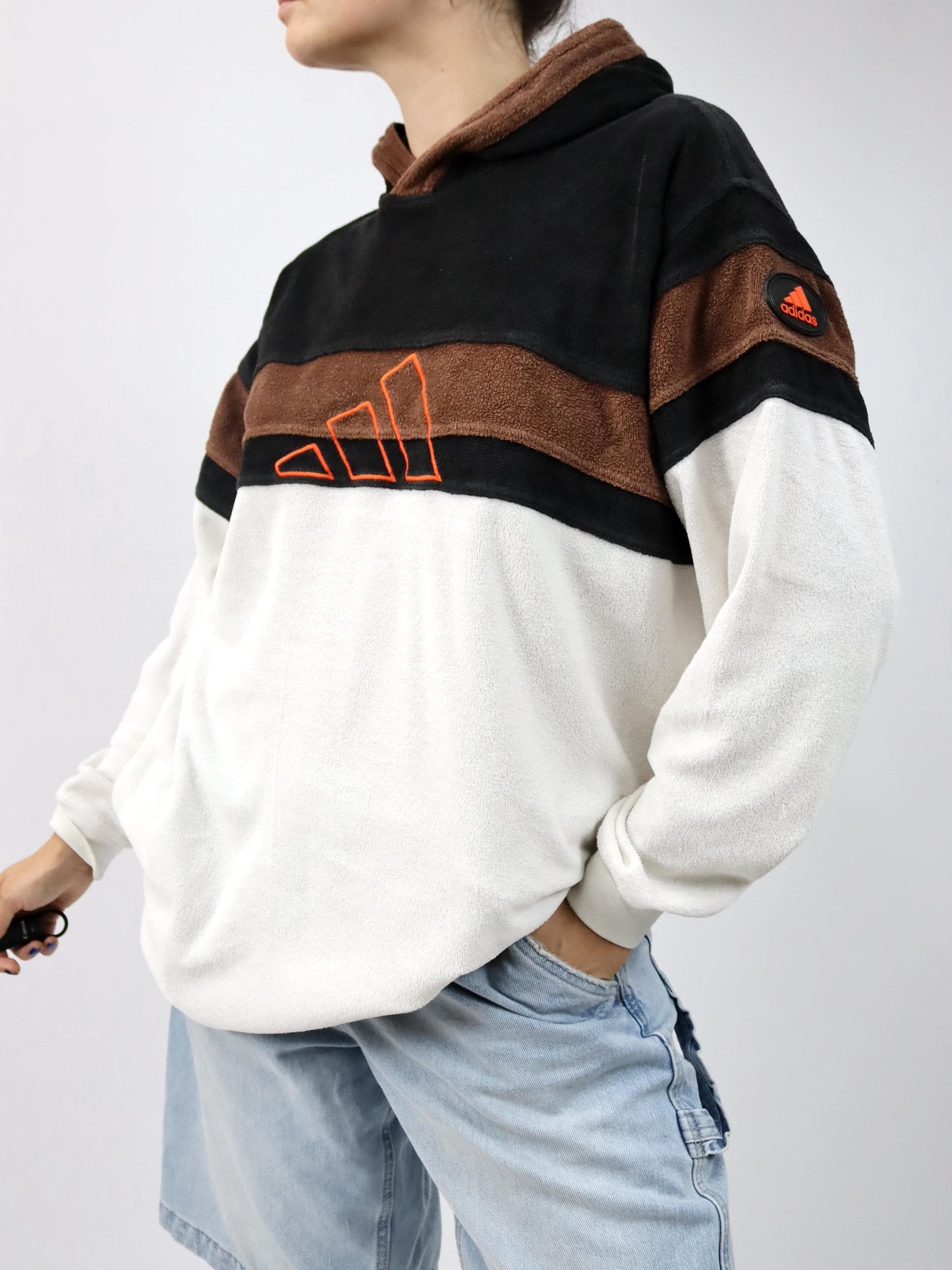 Vintage 80s 90s ADIDAS Hoodie Pullover Terry Cloth Brown Orange White XL