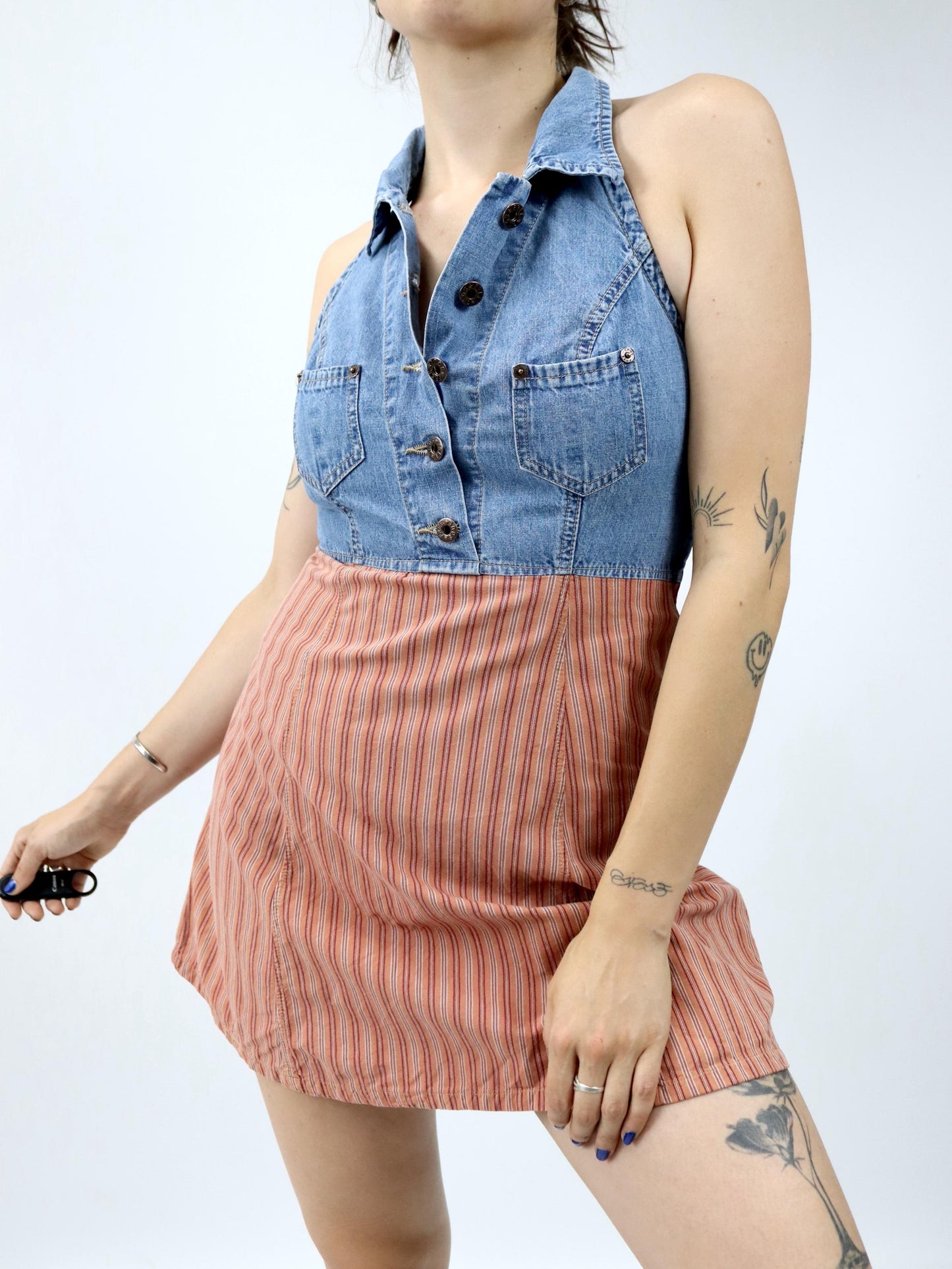 Vintage 80er 90er FREESOUL Jeanskleid Neckholder Minikleid gestreift Denim 36 S