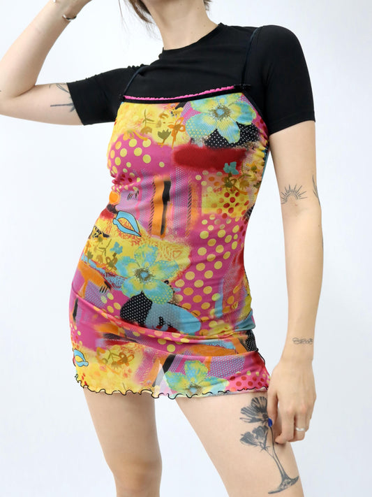 Vintage 90er 00er Y2k LOVABLE Minikleid Meshkleid crazy pattern bunt 38
