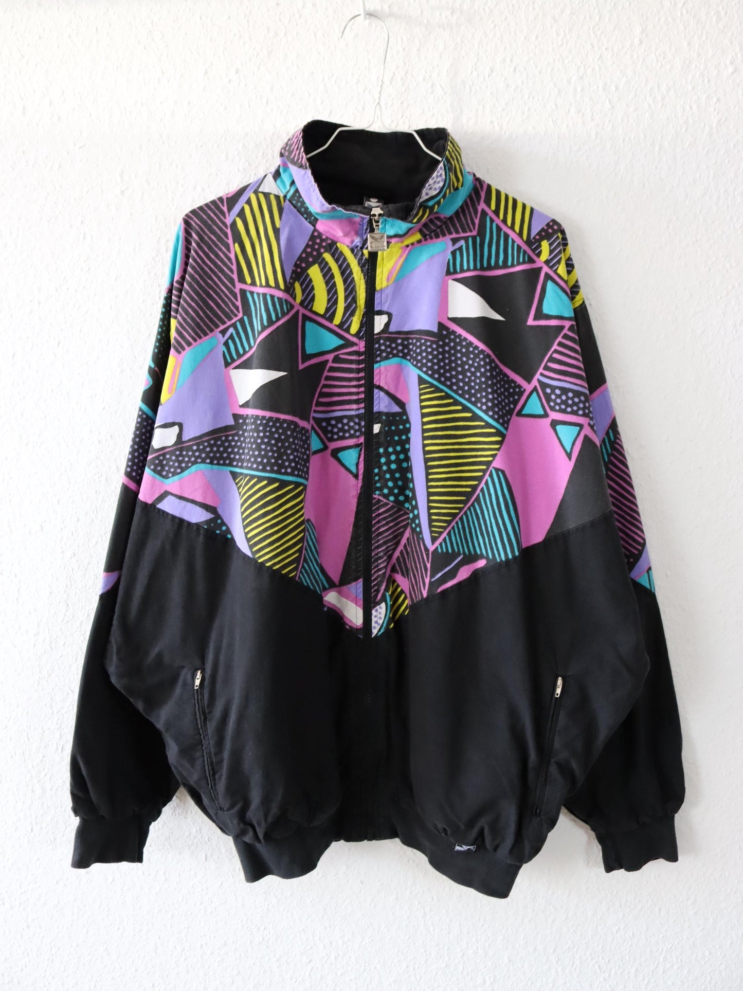 Vintage 80s 90s TRIGEMA tracksuit jacket stand-up collar crazy pattern colorful black XL